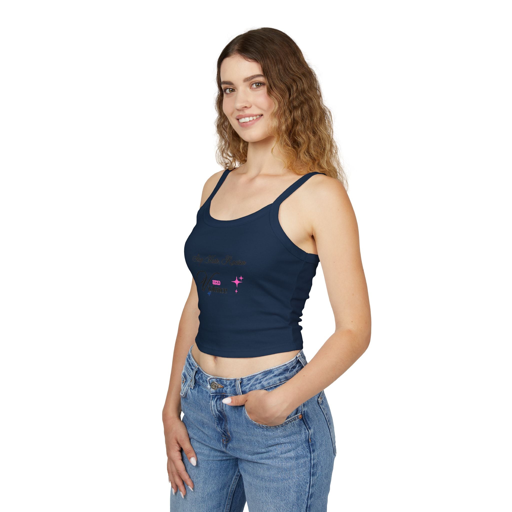 Women's Spaghetti Tank Top — "My Mom Knows Vibe" Pink Accent Crop