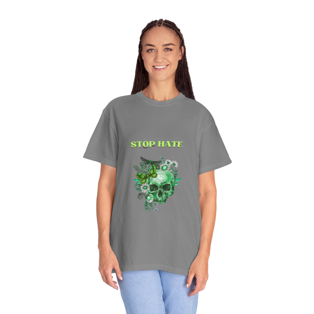 Stop Hate Skull T-Shirt — Green Floral Skull Graphic Tee
