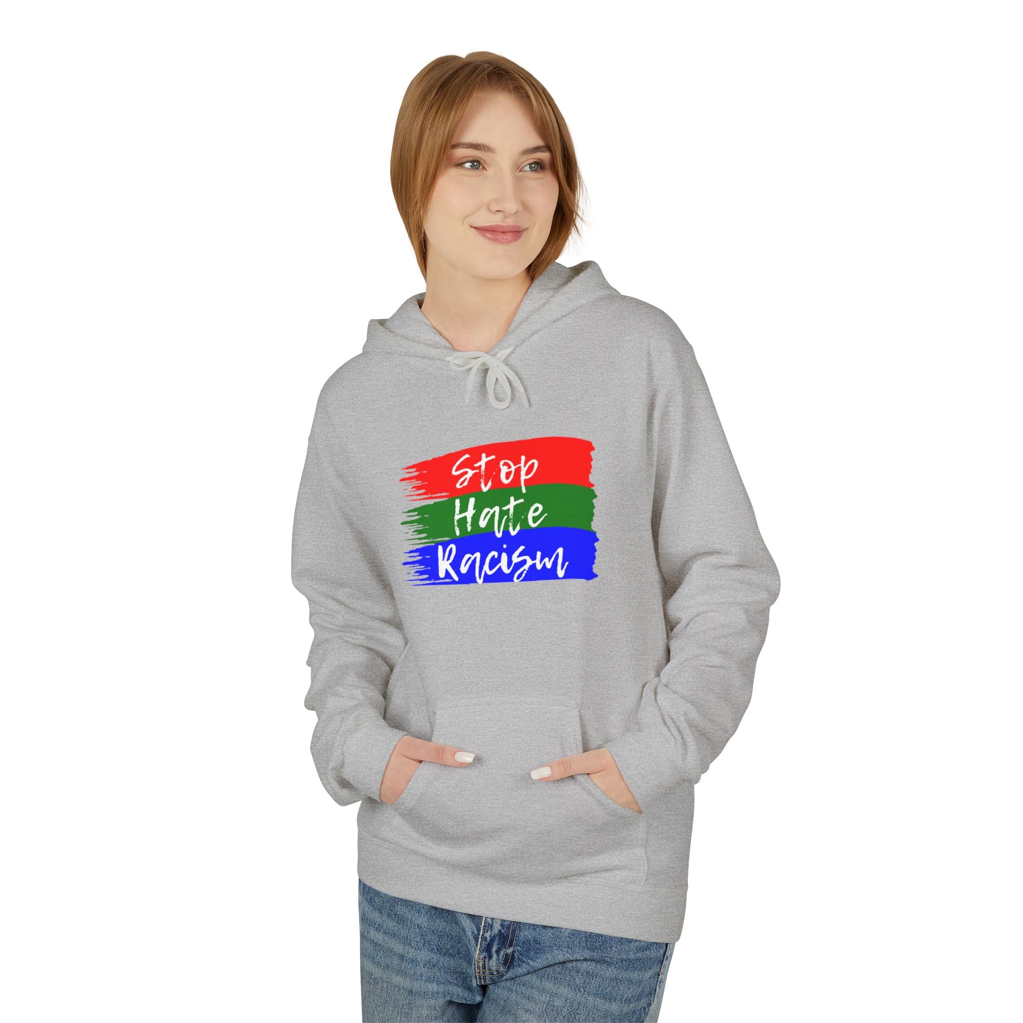 Hoodie — Stop Hate Rebuild (Red-Green-Blue Brushstroke)