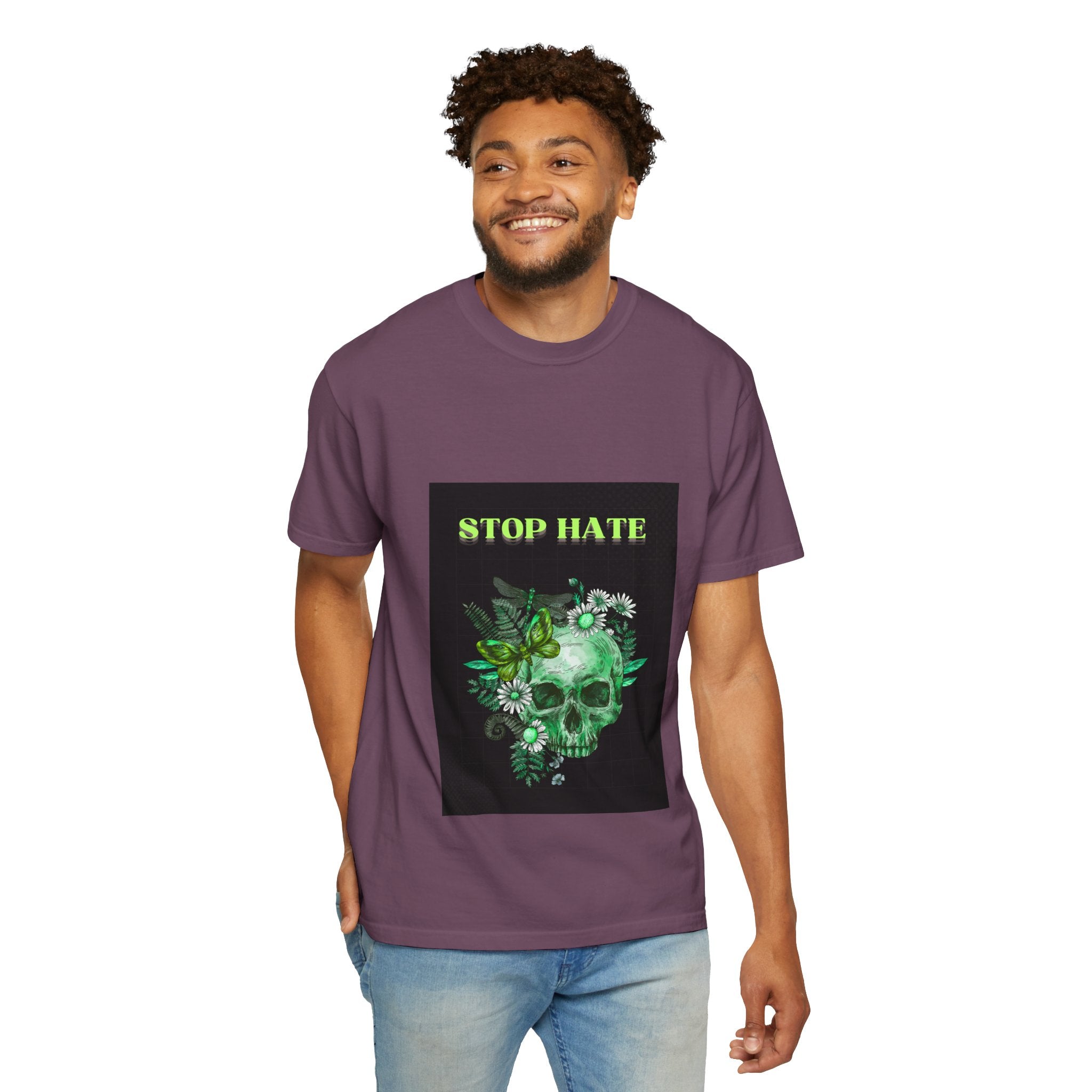 Stop Hate Skull T-Shirt — Green Floral Skull Graphic Tee