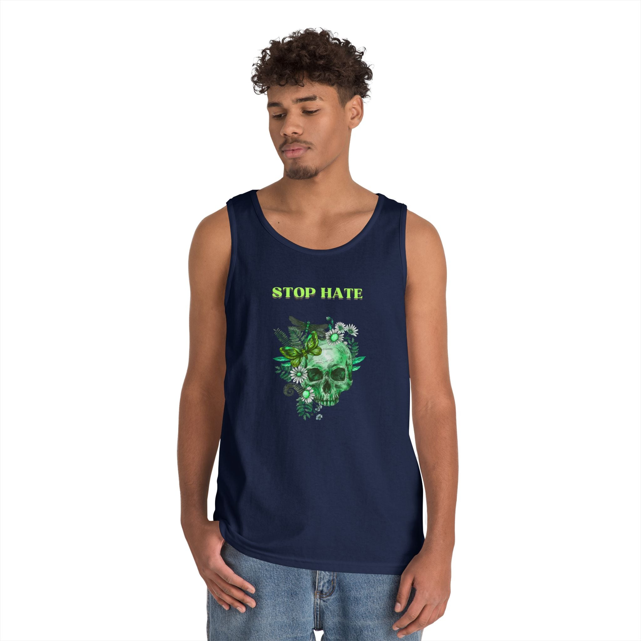 Stop Hate Skull Tank — Green Floral Skull Tank Top