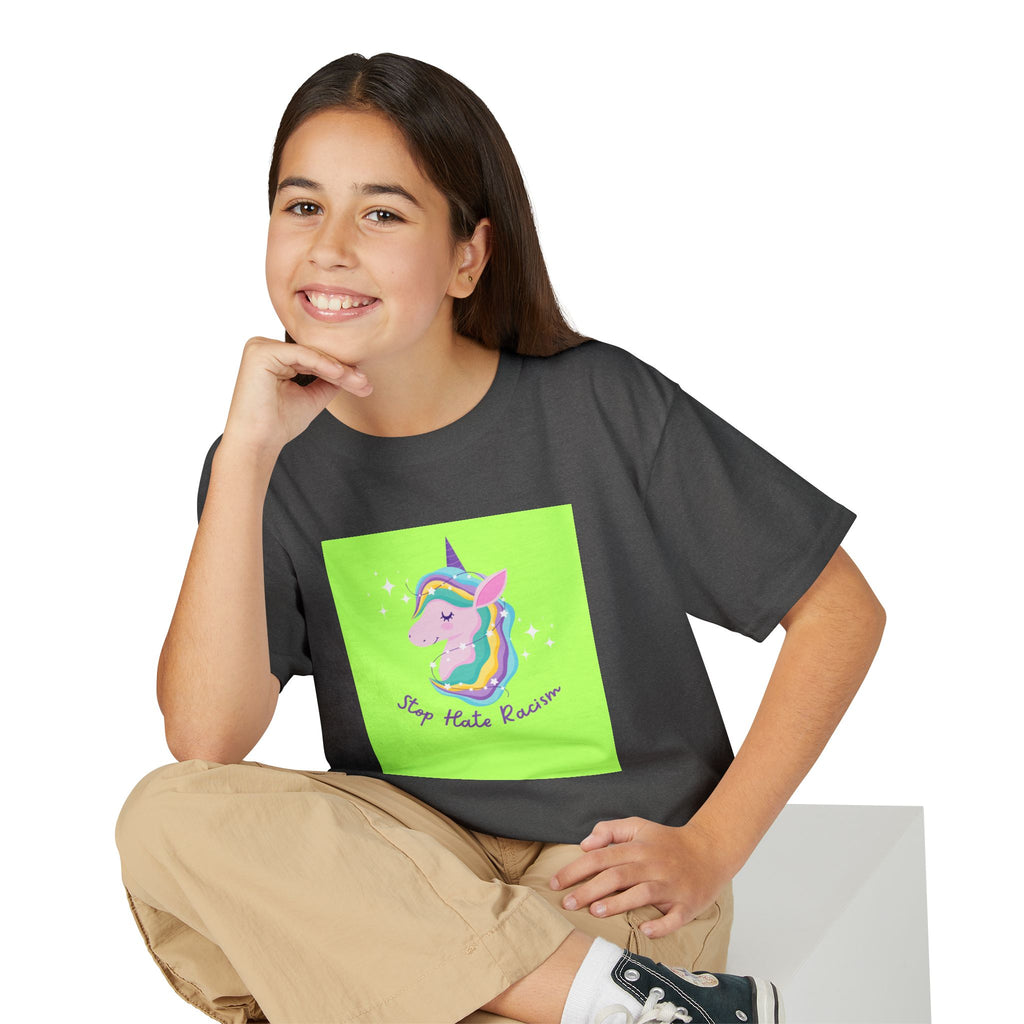 Youth T-Shirt — Rainbow Unicorn “Stop Hate Racism” Graphic