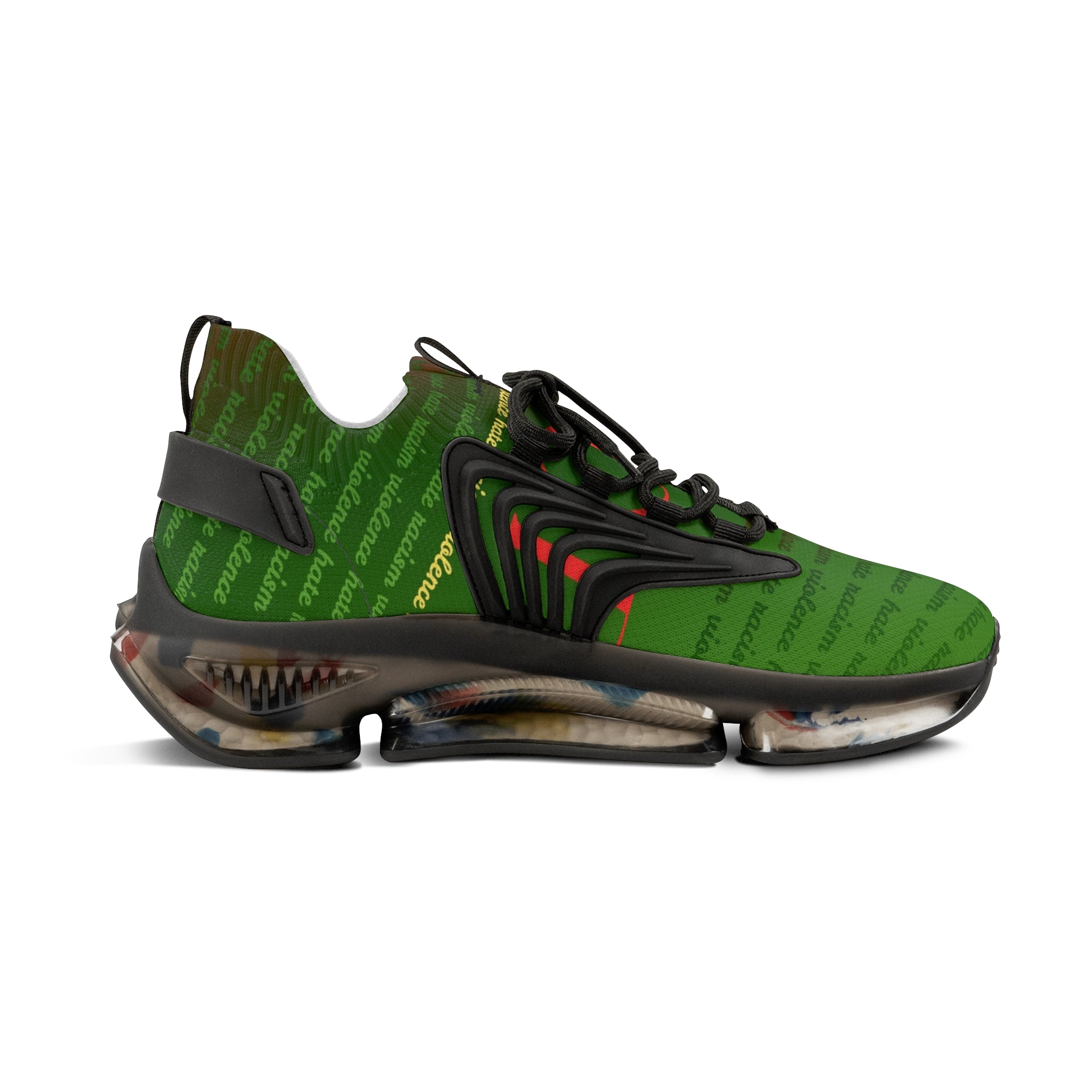 Green Script Mesh Sneakers — Lightweight Men's Athletic Shoes with Subtle Text Pattern
