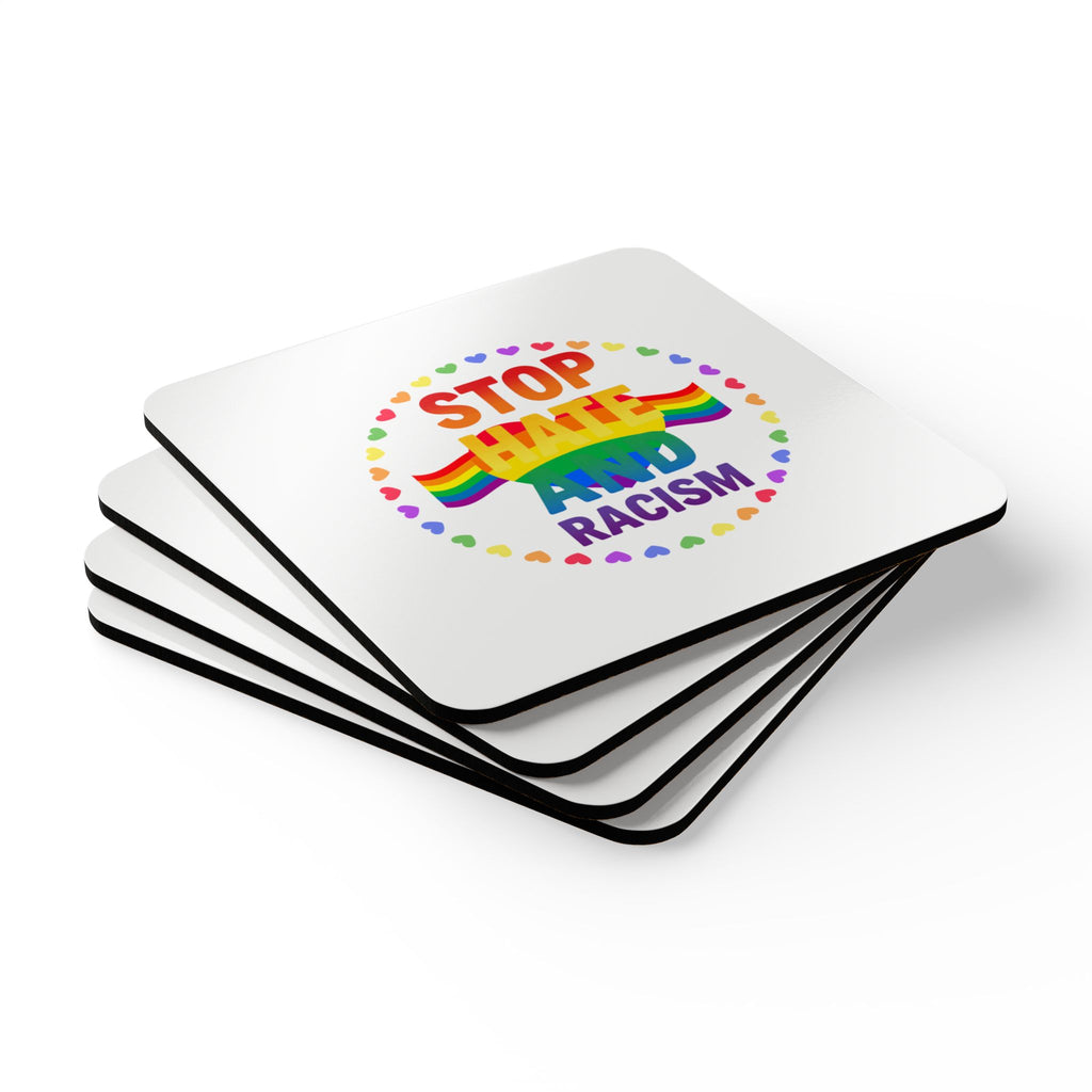 Stop Hate and Racism Cork Coaster Set — Rainbow Pride Drink Coasters (Corkwood)