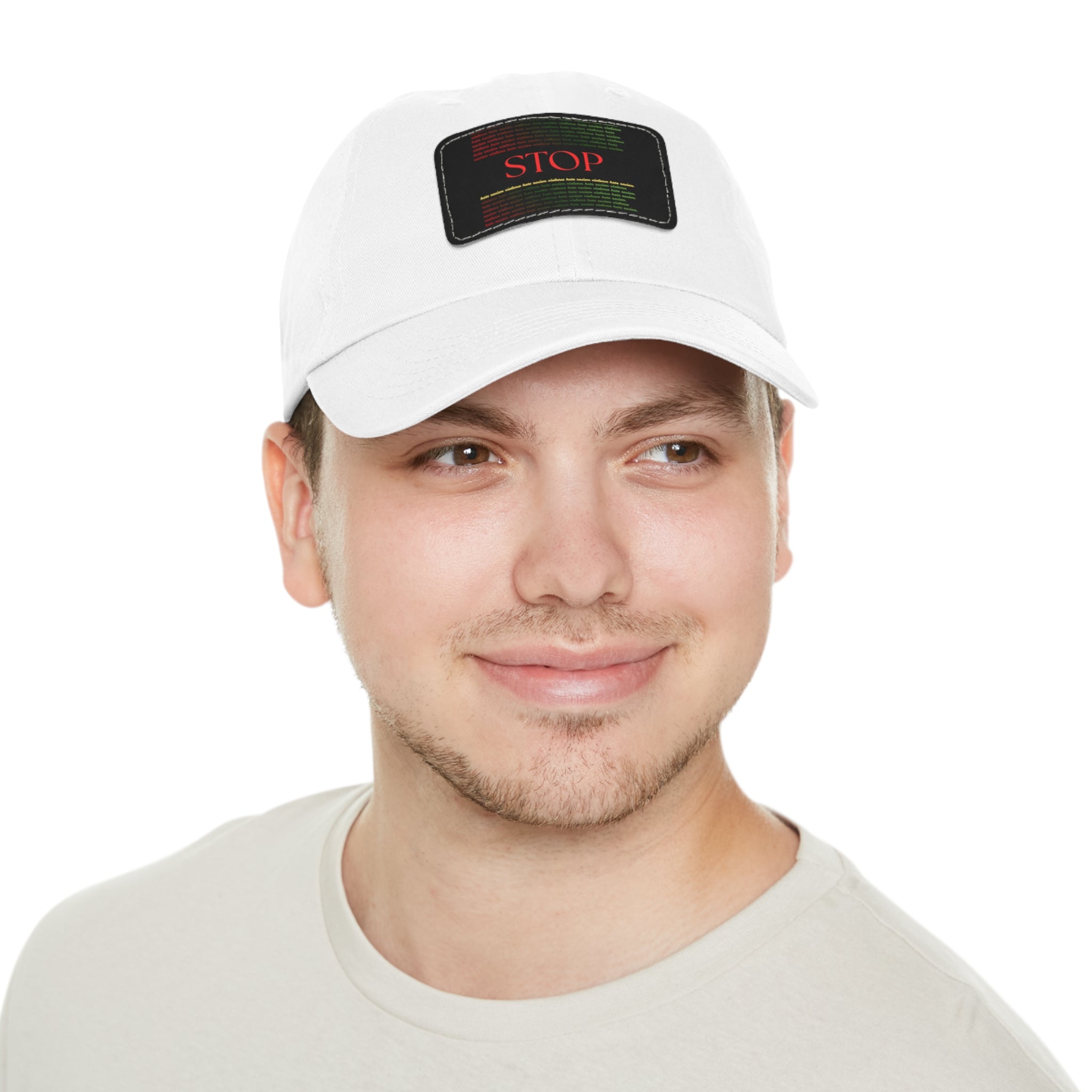 Leather Patch Dad Hat — 'STOP' Embossed Casual Baseball Cap