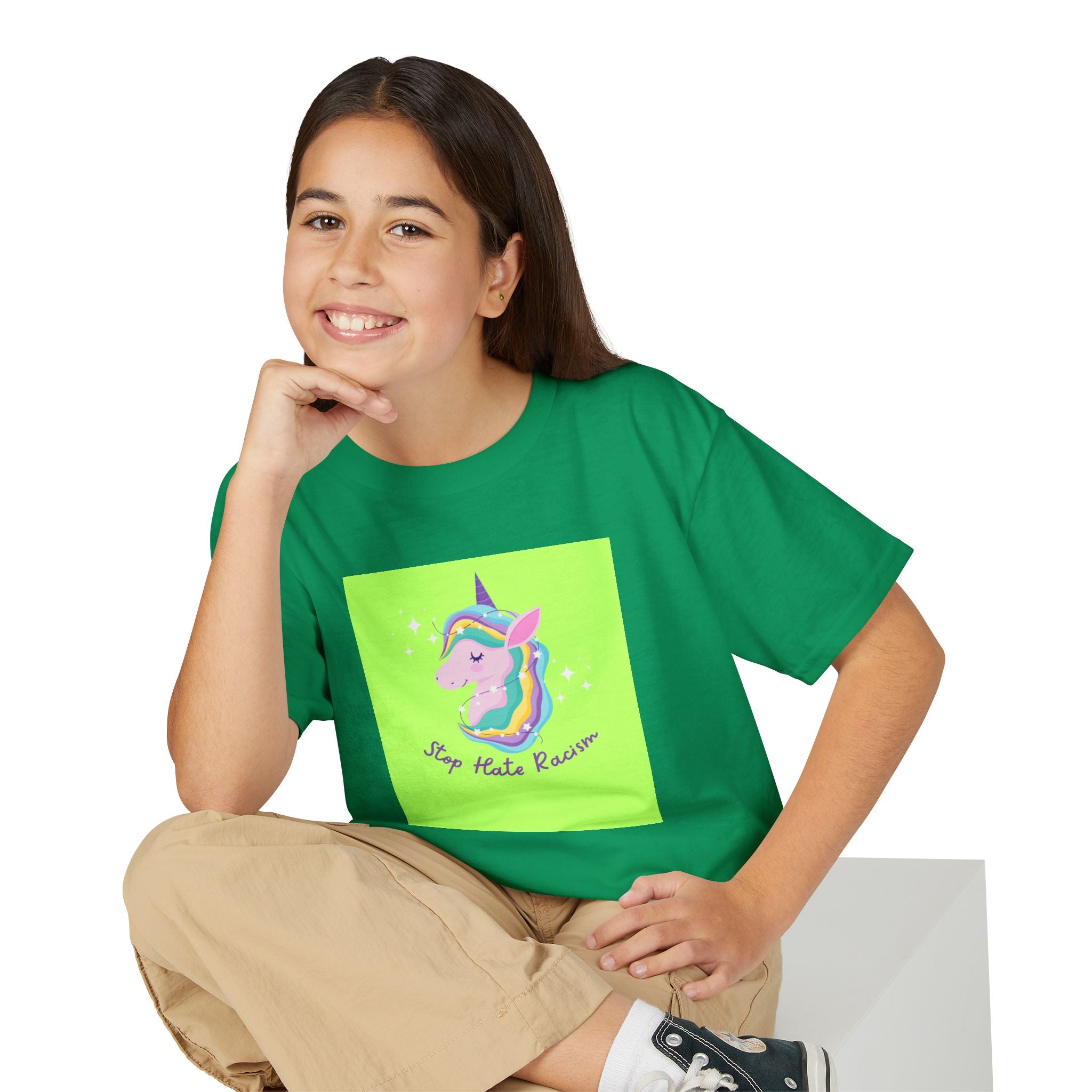 Youth T-Shirt — Rainbow Unicorn “Stop Hate Racism” Graphic