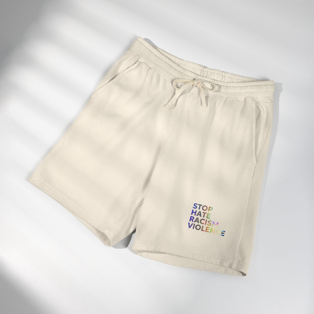 Stop Hate Shorts — Lightweight Fleece Sweat Shorts with "Stop Hate Racism and Violence" Print