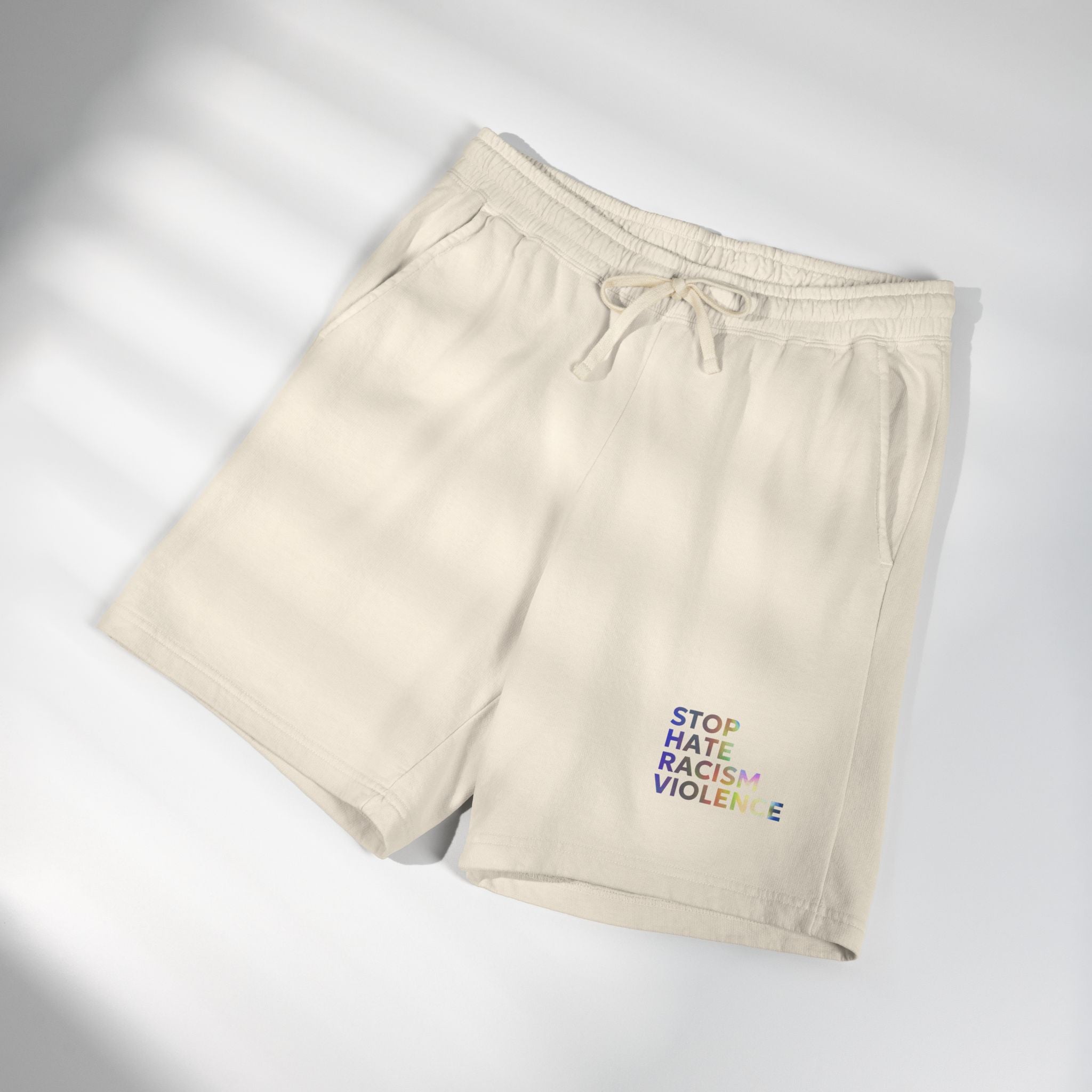 Stop Hate Shorts — Lightweight Fleece Sweat Shorts with "Stop Hate Racism and Violence" Print