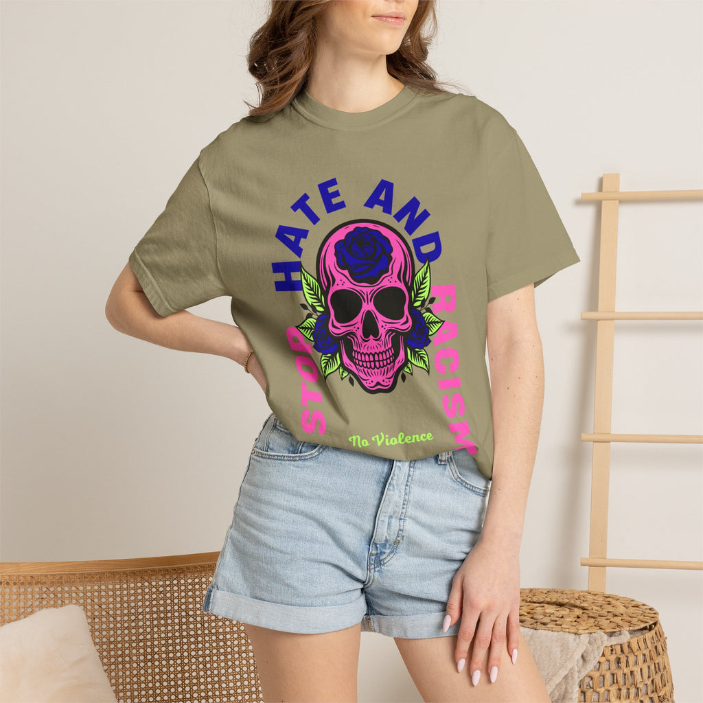 Stop Hate and Racism Skull T-Shirt — Anti-Racism Statement Tee
