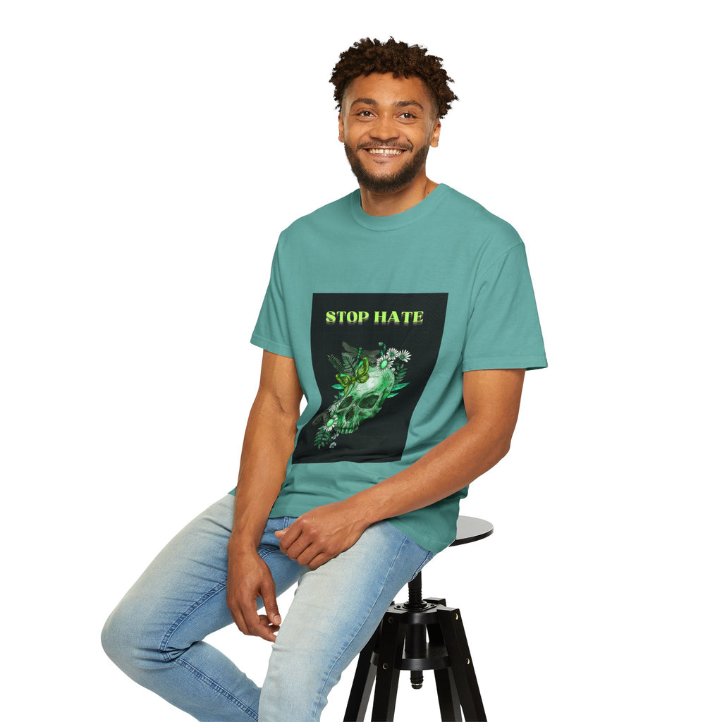 Stop Hate Skull T-Shirt — Green Floral Skull Graphic Tee