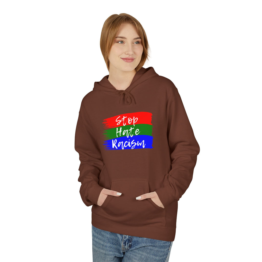 Hoodie — Stop Hate Rebuild (Red-Green-Blue Brushstroke)