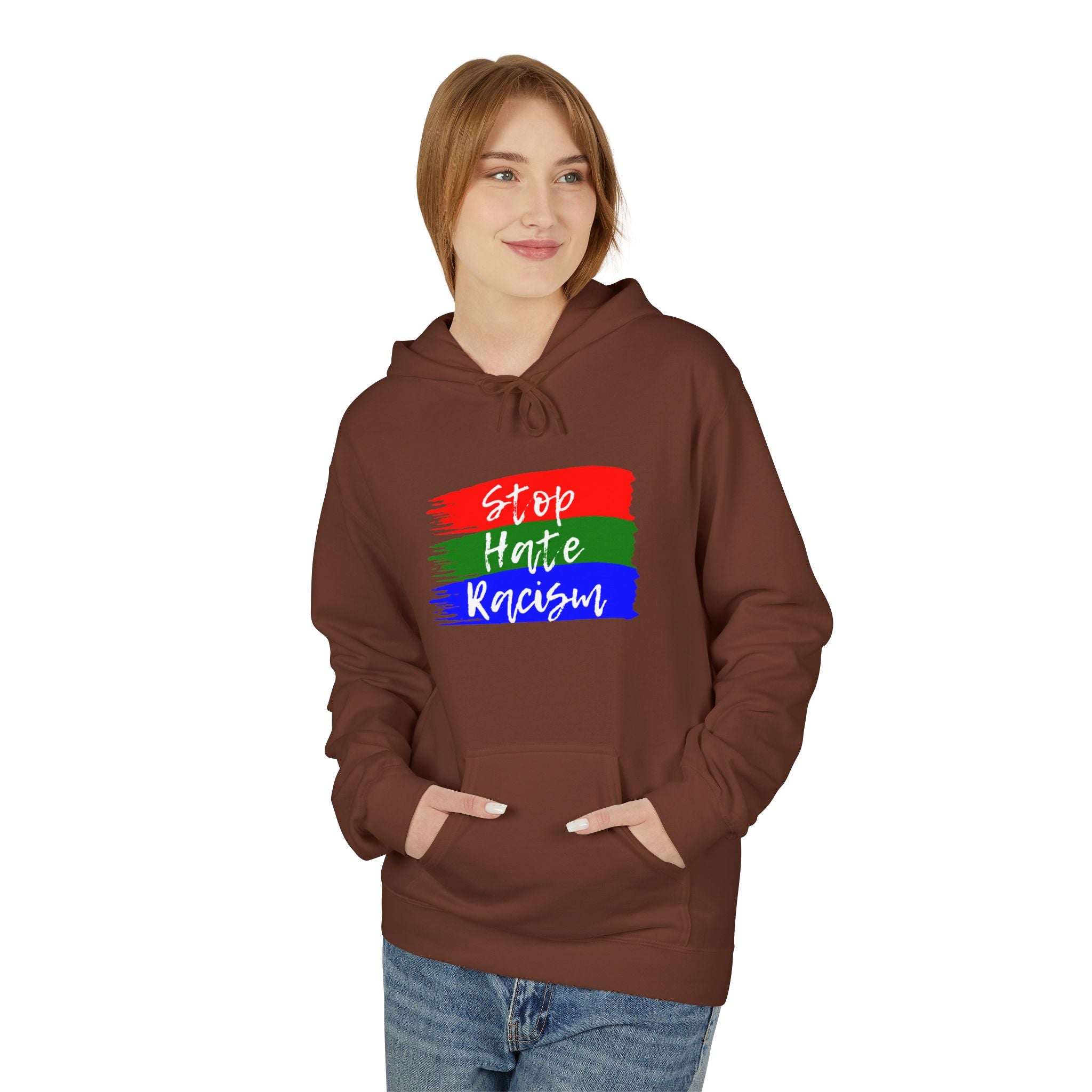 Hoodie — Stop Hate Rebuild (Red-Green-Blue Brushstroke)