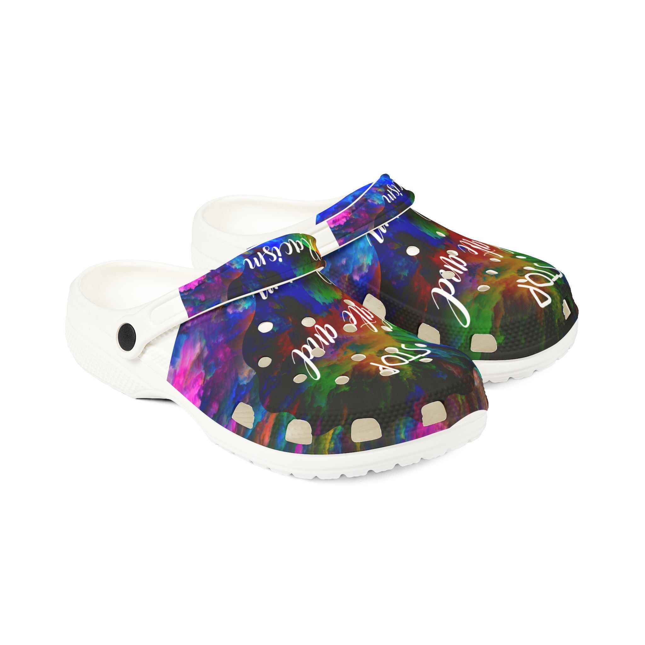 Stop Hate and Racism EVA Foam Clogs — Colorful Tie-Dye Statement Shoes