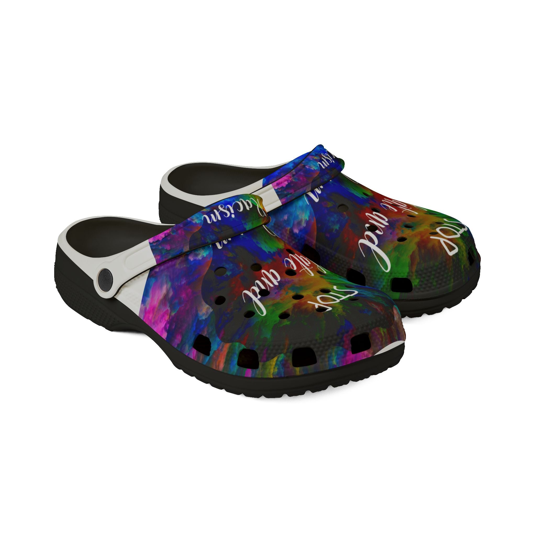Stop Hate and Racism EVA Foam Clogs — Colorful Tie-Dye Statement Shoes