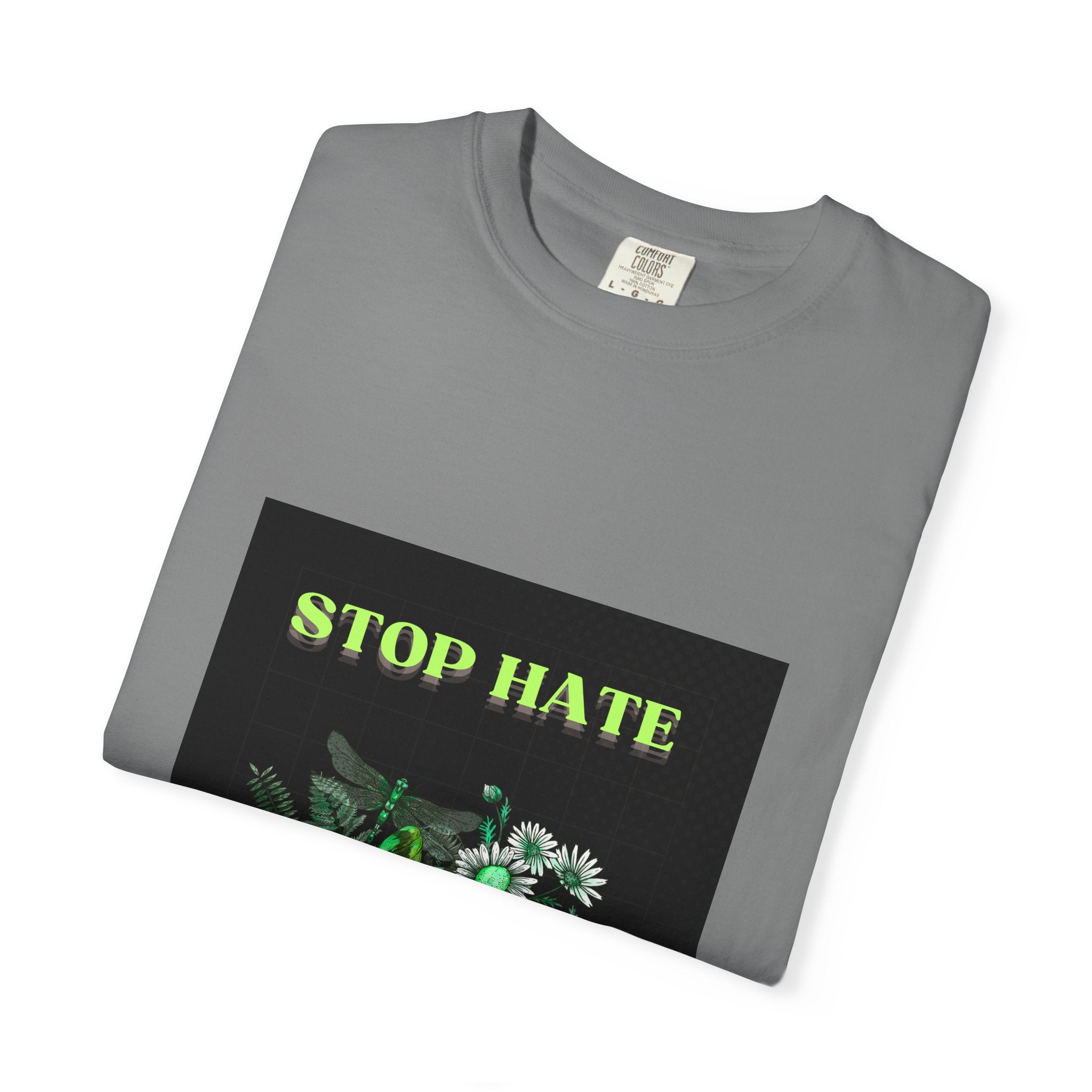 Stop Hate Skull T-Shirt — Green Floral Skull Graphic Tee