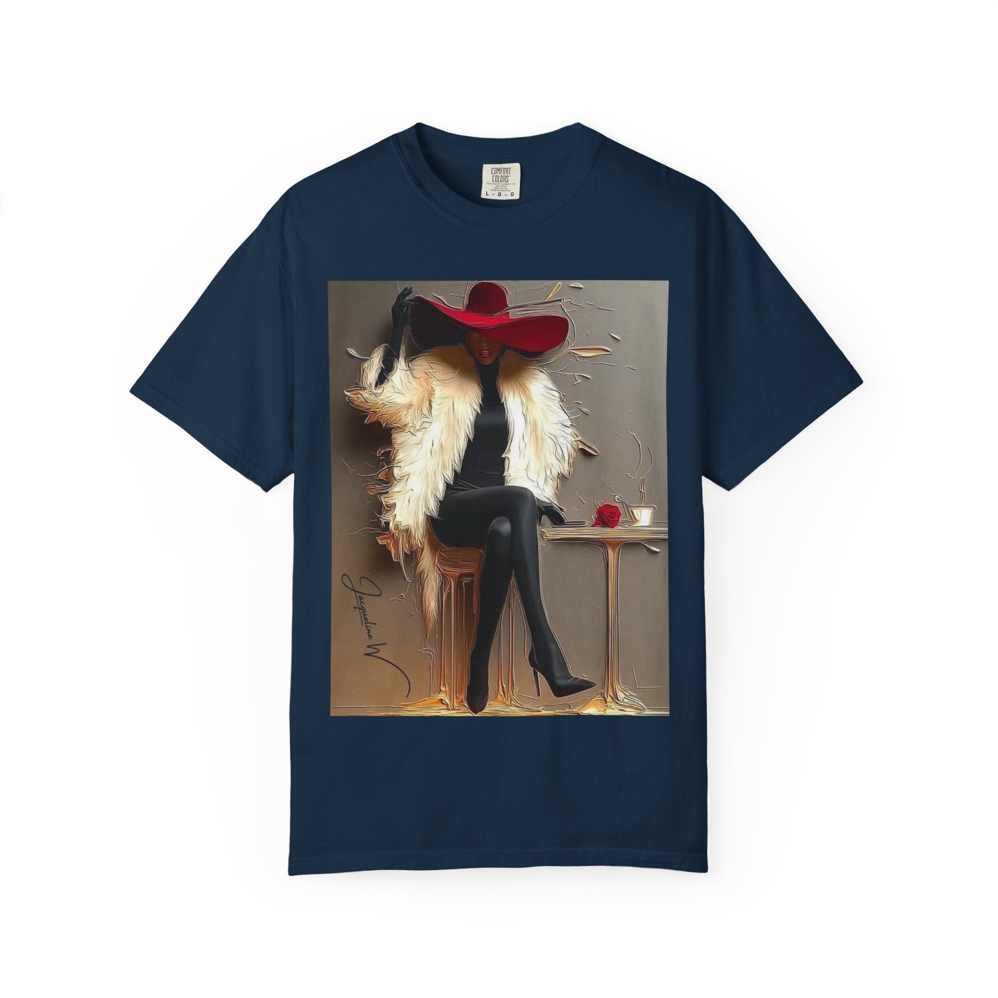 Vintage Glam Femme T-Shirt — Red Hat, Fur & Stiletto Art Tee