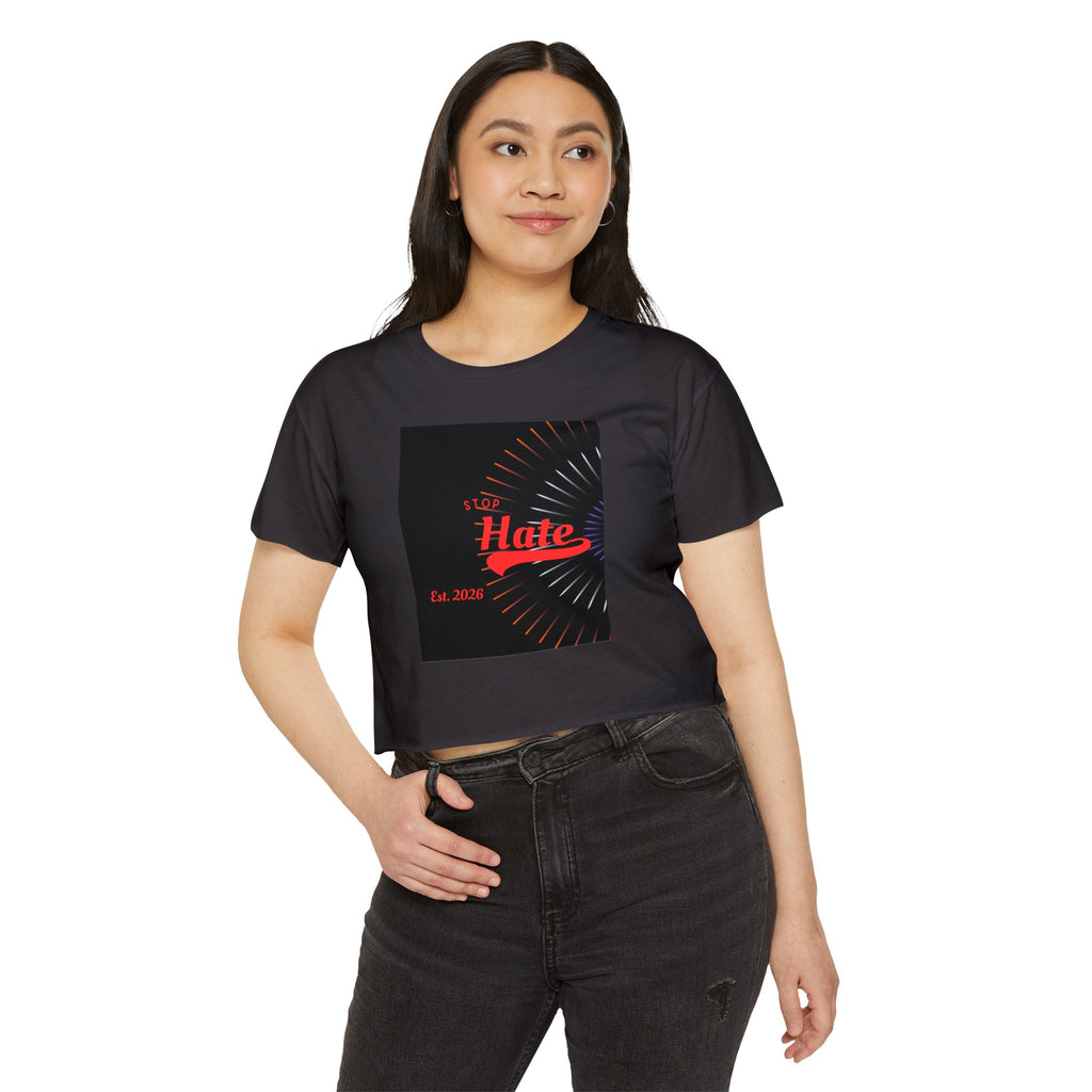 Crop Top — 'Stop Hate' Festival Crop Top, Retro Red Script Graphic