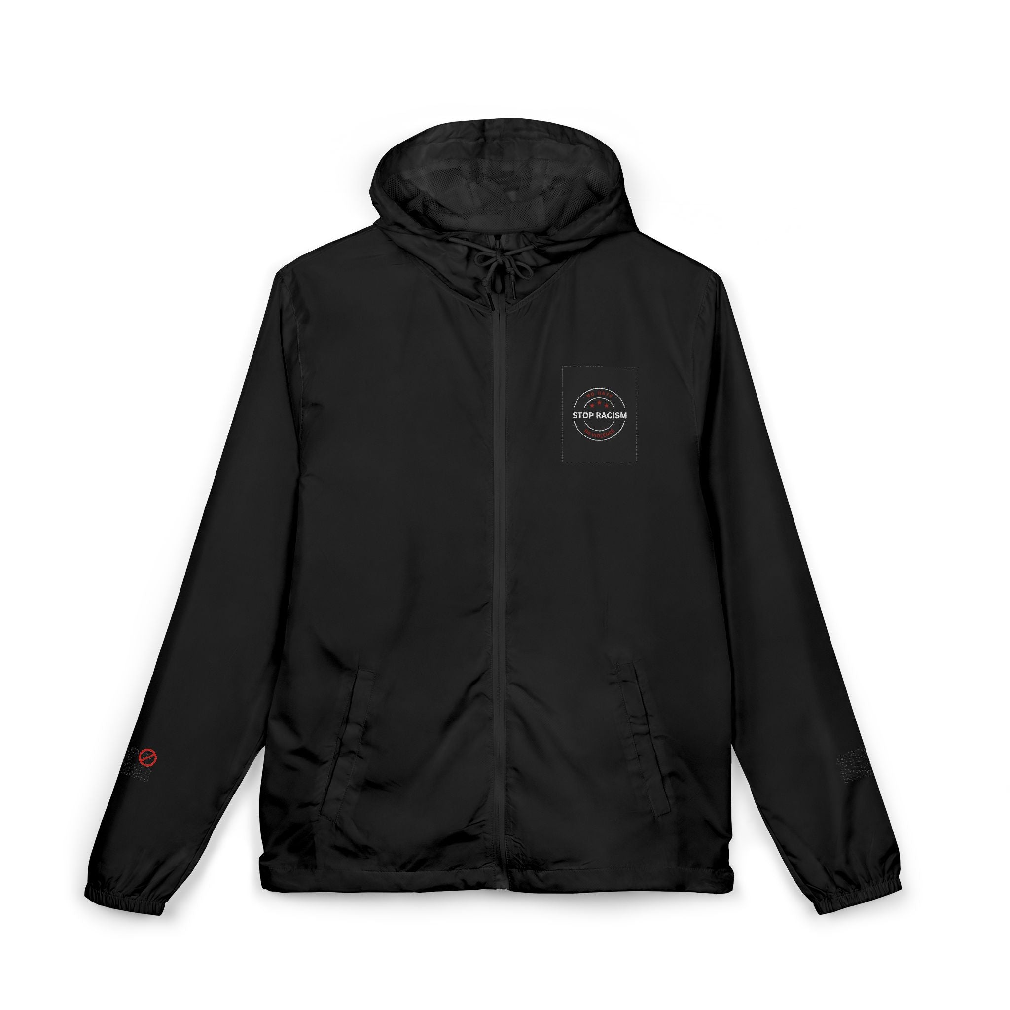 Windbreaker Jacket — Minimal White Camo Hooded Windbreaker with Small Chest Patch & Sleeve Logos