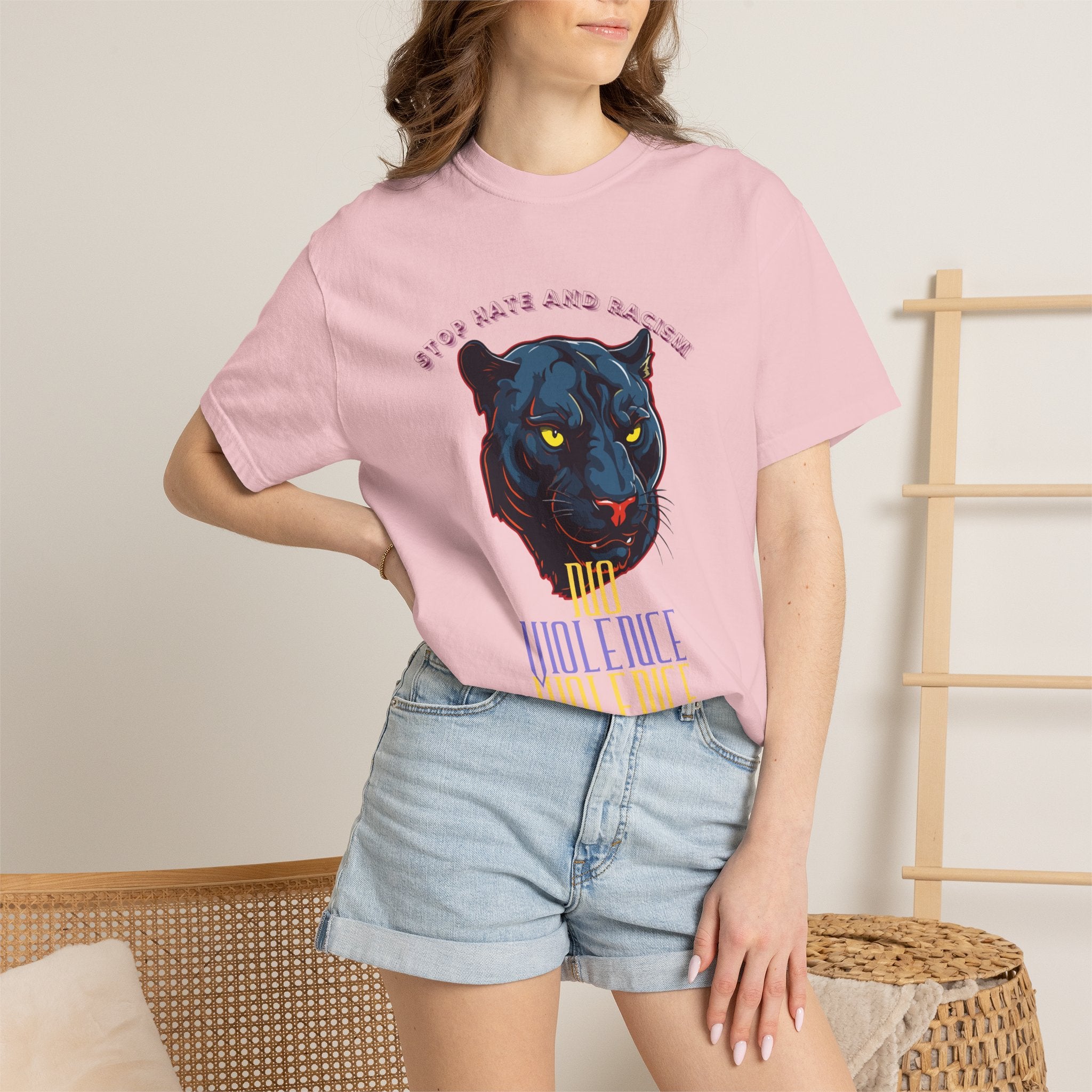 No Violence Panther T-Shirt — Graphic Animal Tee with 'No Violence' Text