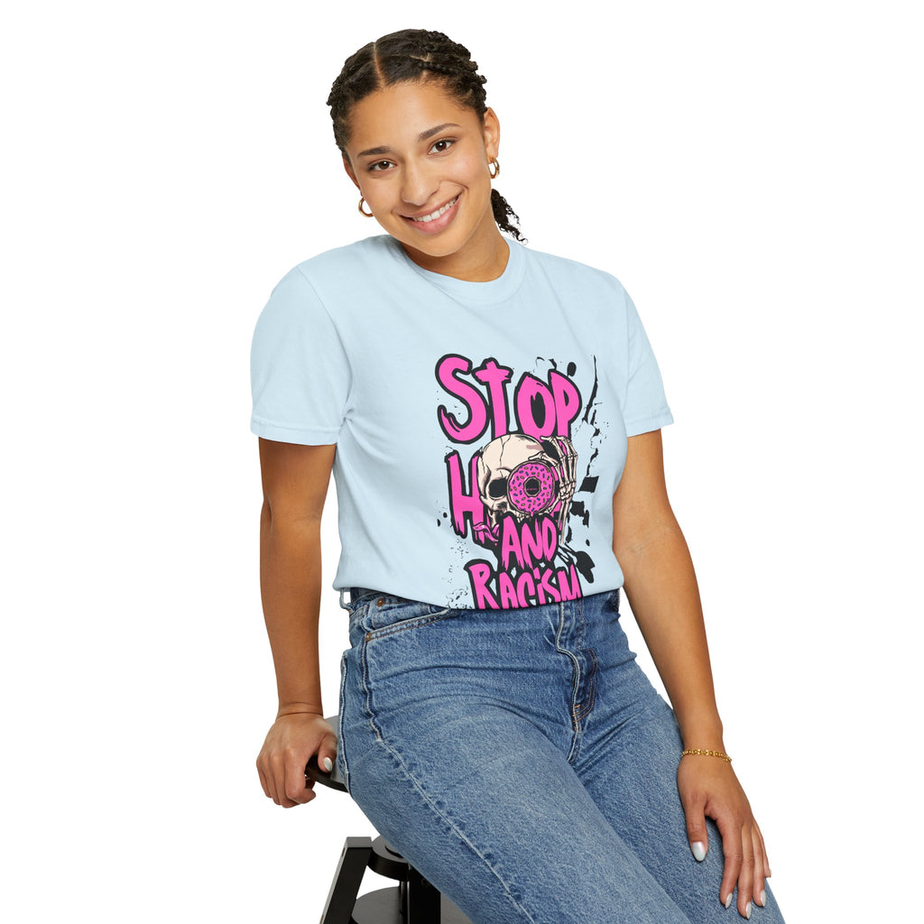 Stop H8 and Racism Graphic Tee — Anti-Racism Skull Donut Protest T-Shirt