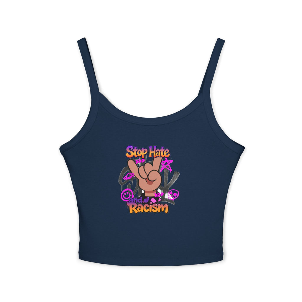 Stop Hating Racism Peace Sign Crop Tank Top — Anti-Racism Women's Spaghetti Strap