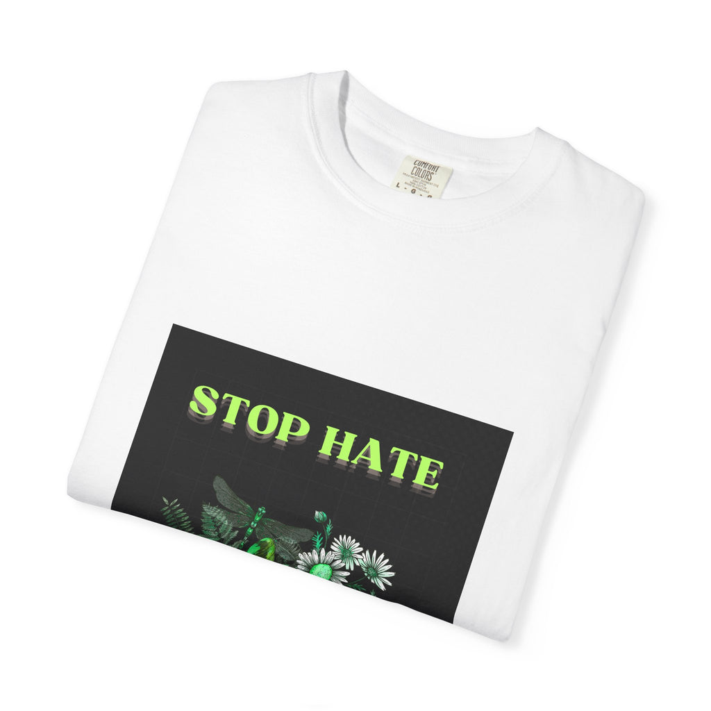 Stop Hate Skull T-Shirt — Green Floral Skull Graphic Tee