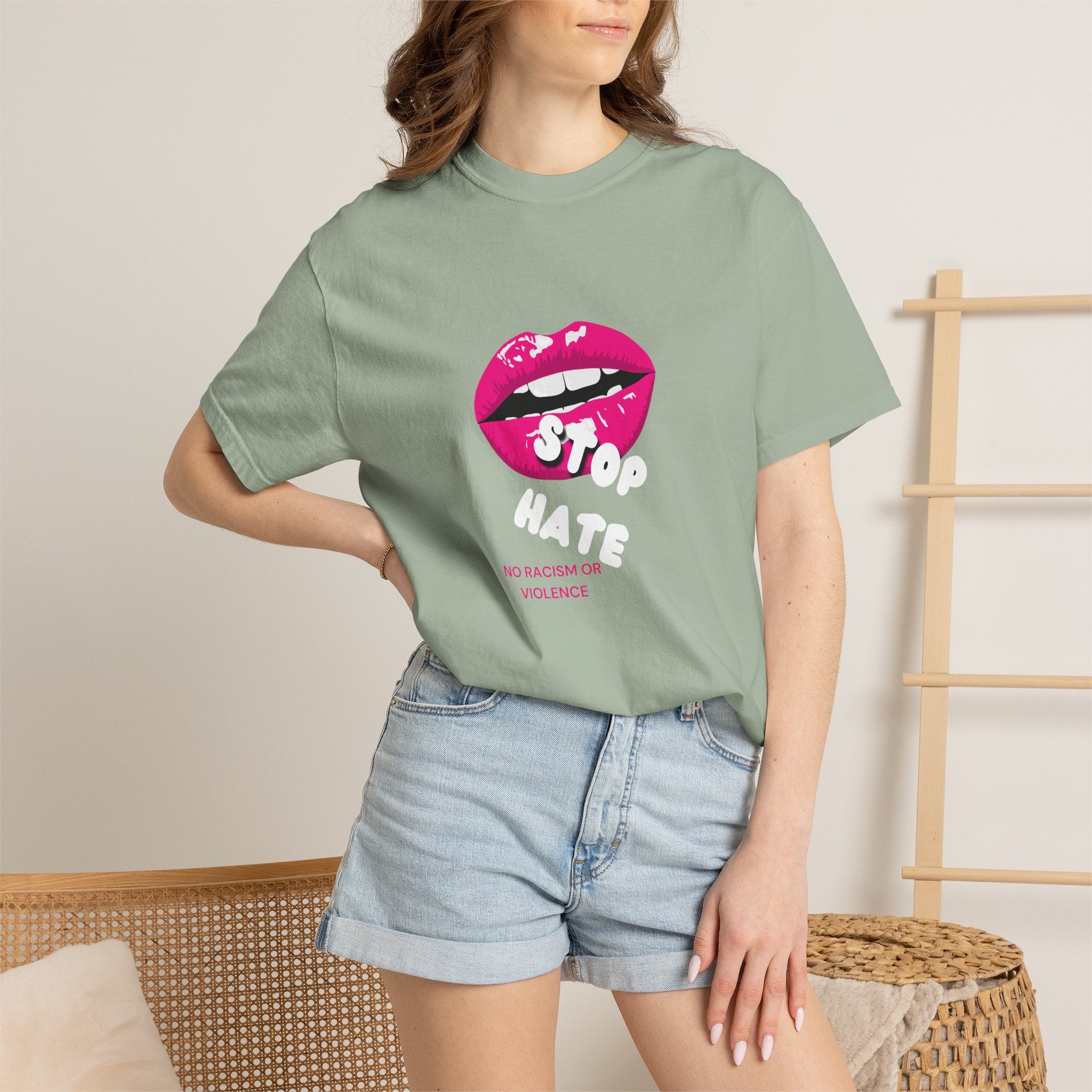 T-Shirt — Pink Lip 'Stop' Graphic Tee (No Racism or Violence)