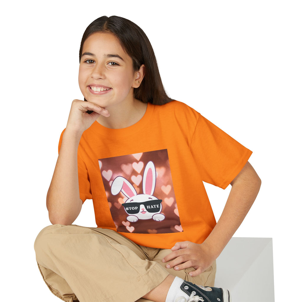 Youth T-Shirt — Cute Bunny with 'Stop the Hate' Sunglasses | Kids Anti-Bullying Tee