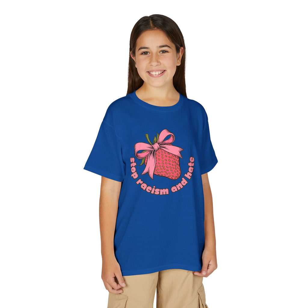 Youth T-Shirt — Cute Pink Gift Box Graphic with "Stop, Realism and Races" Slogan