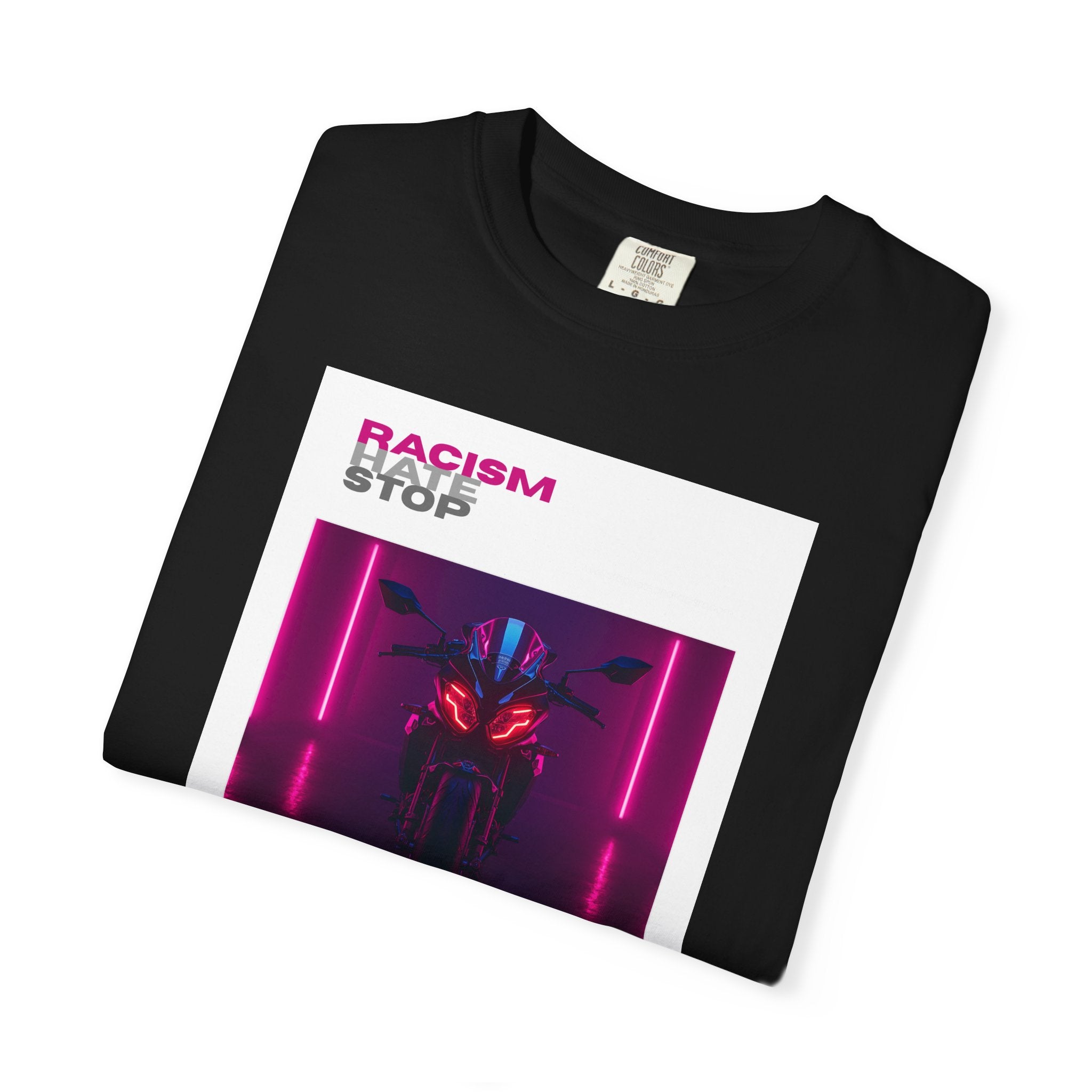 Anti-Racism Graphic T-Shirt — “Racism Stop” Neon Robot Design