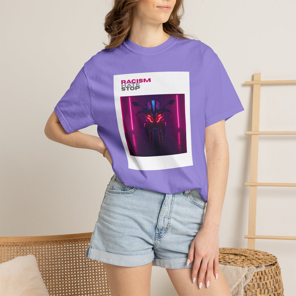 Anti-Racism Graphic T-Shirt — “Racism Stop” Neon Robot Design