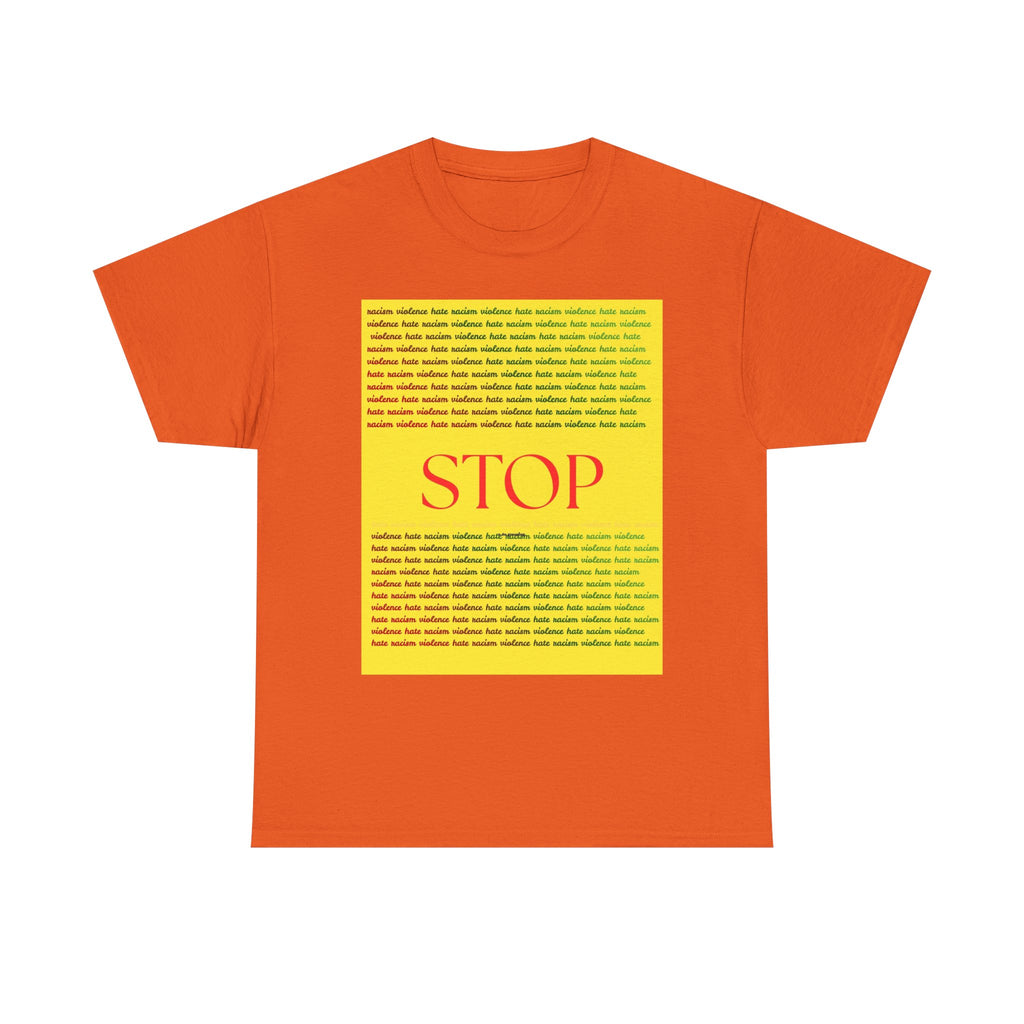 STOP Graphic Tee — Bold Yellow Text Block Protest T-Shirt