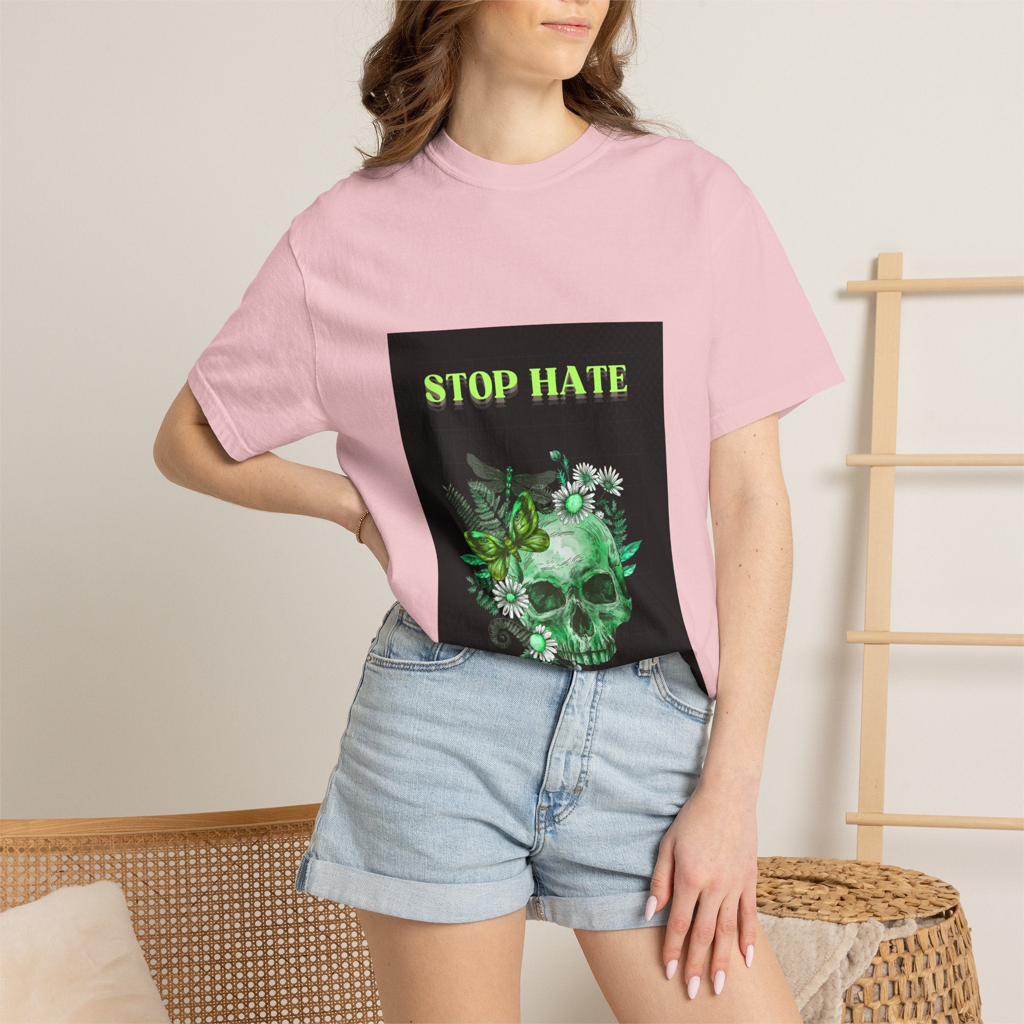 Stop Hate Skull T-Shirt — Green Floral Skull Graphic Tee