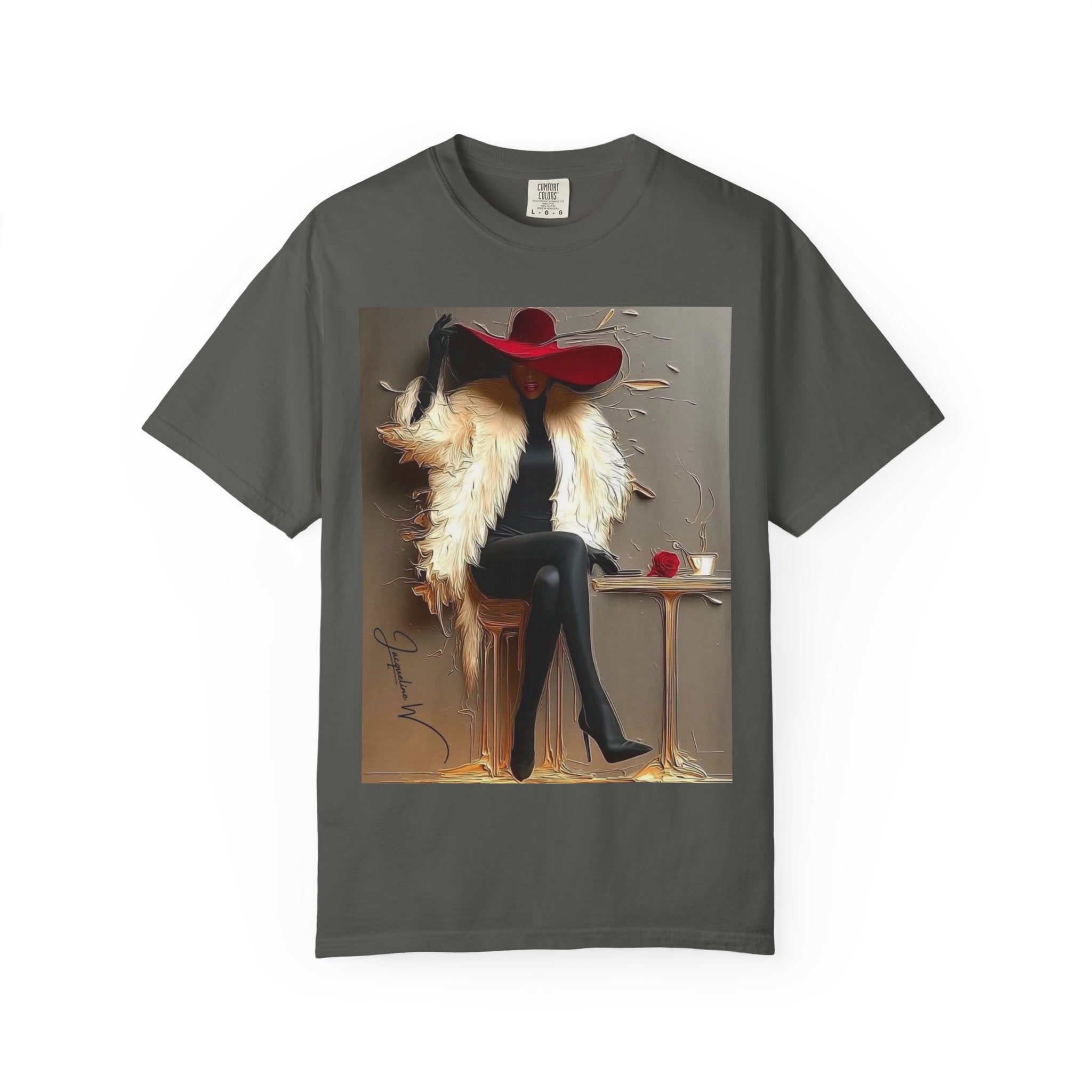 Vintage Glam Femme T-Shirt — Red Hat, Fur & Stiletto Art Tee