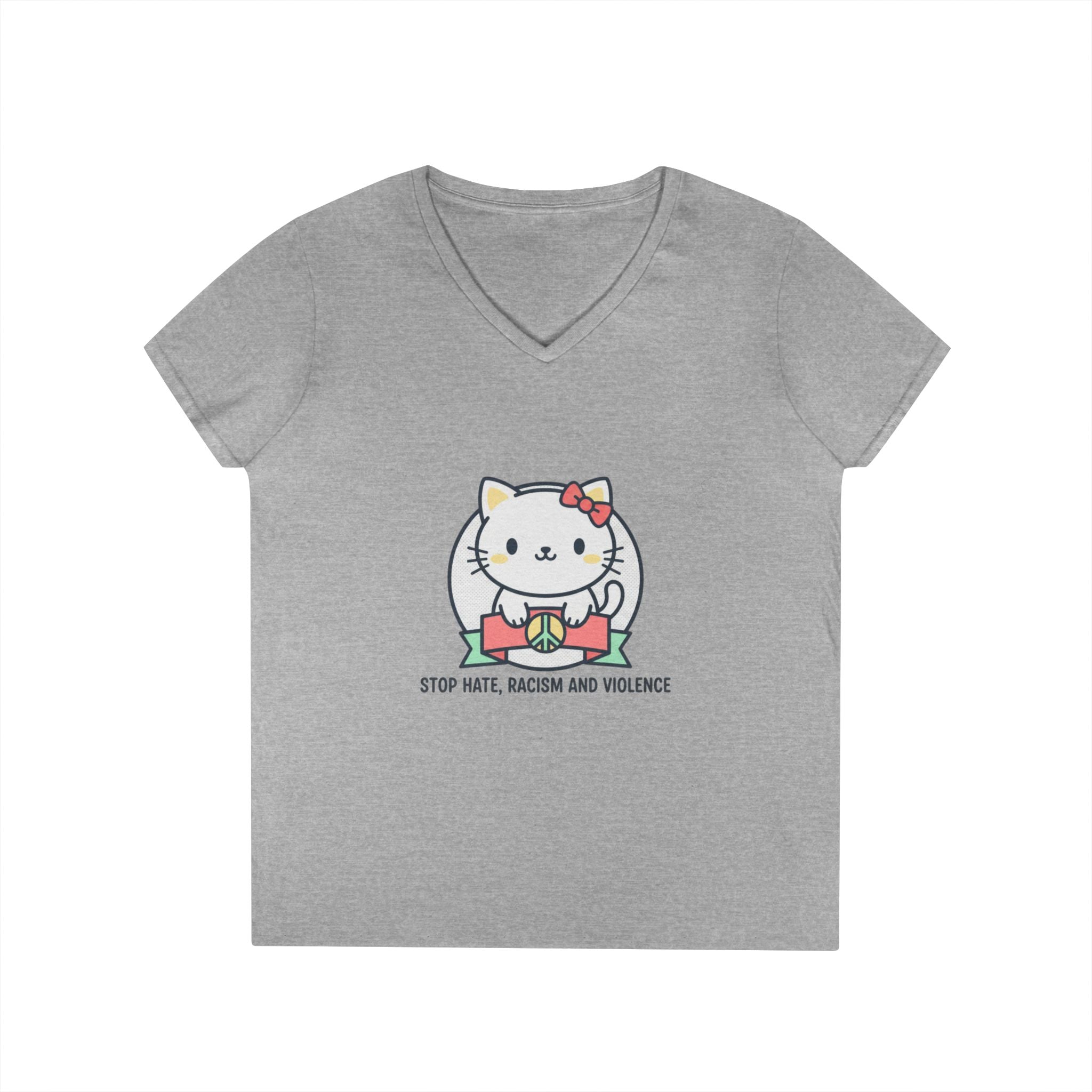 Stop Hate Kitty V-Neck Tee — Cute Anti-Racism Message Shirt
