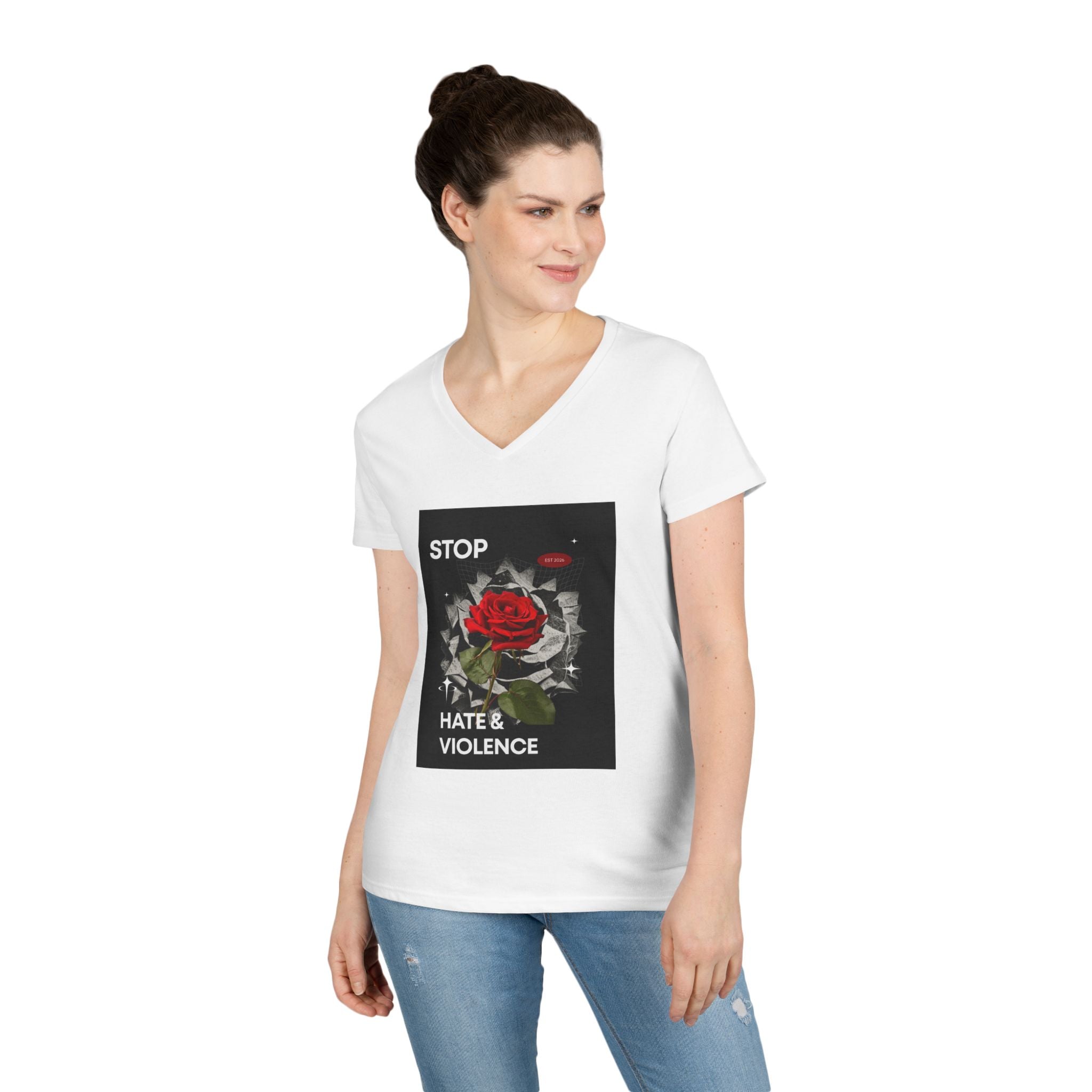 Stop Hate & Violence Women's V-Neck T-Shirt — Red Rose Peace Graphic Tee
