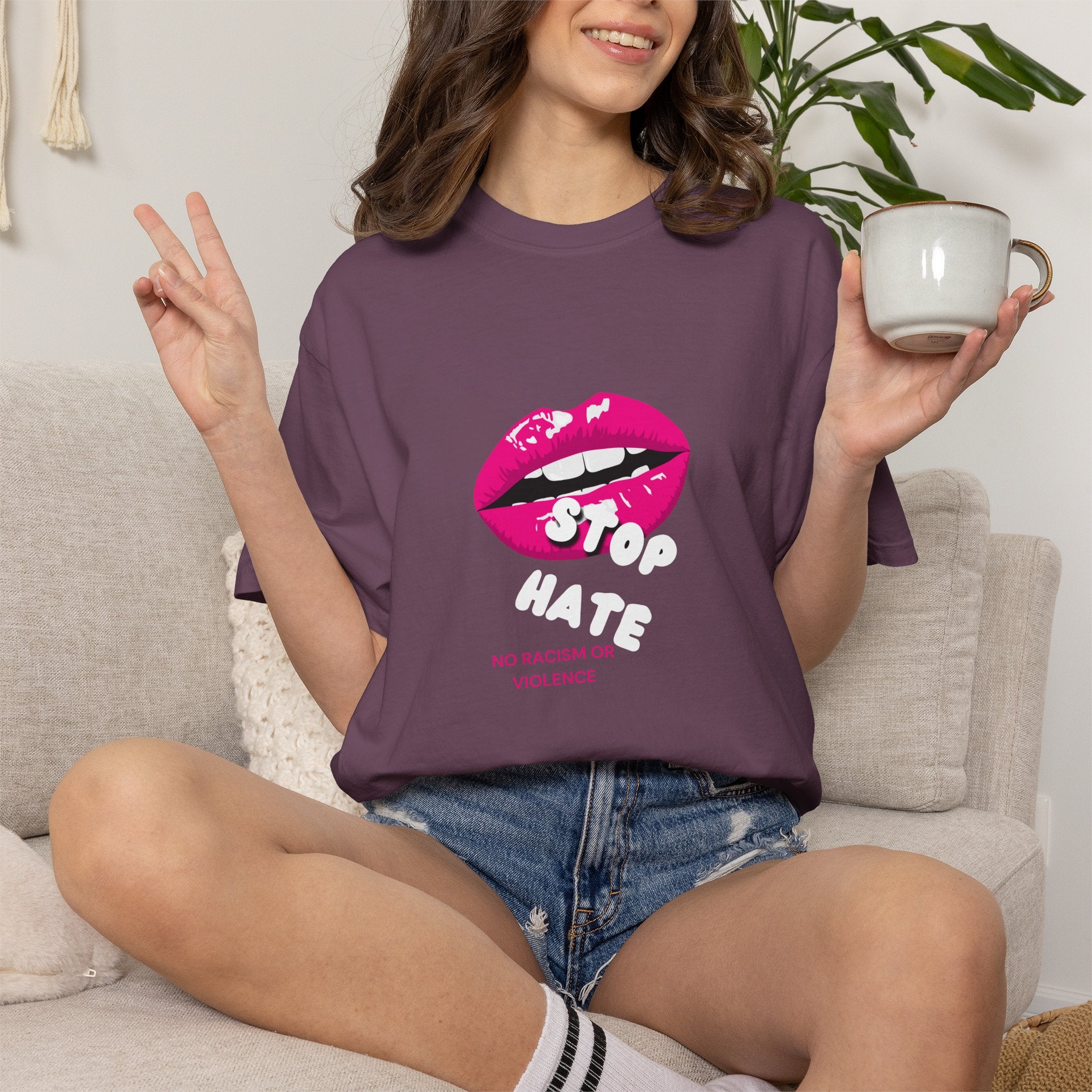 T-Shirt — Pink Lip 'Stop' Graphic Tee (No Racism or Violence)