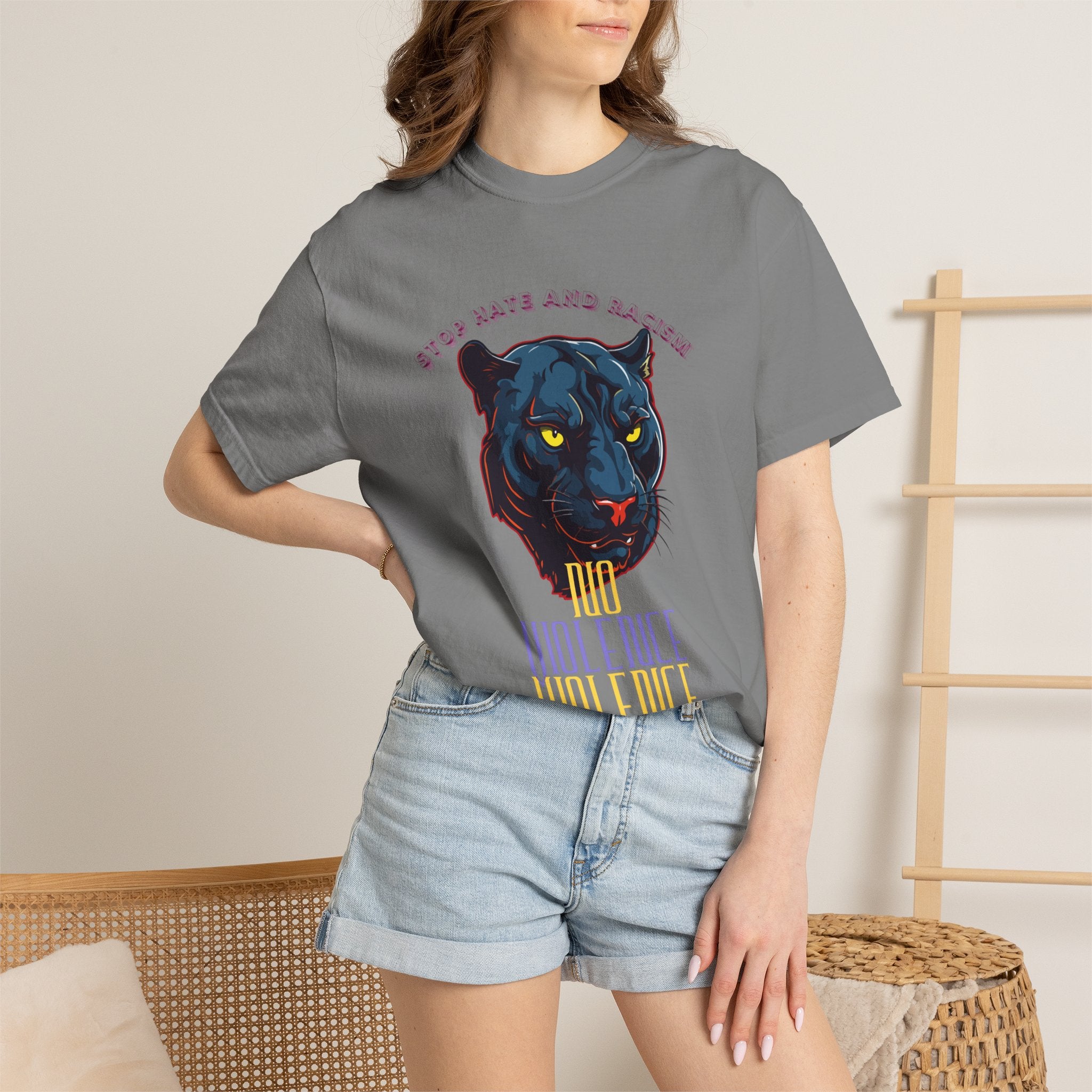 No Violence Panther T-Shirt — Graphic Animal Tee with 'No Violence' Text