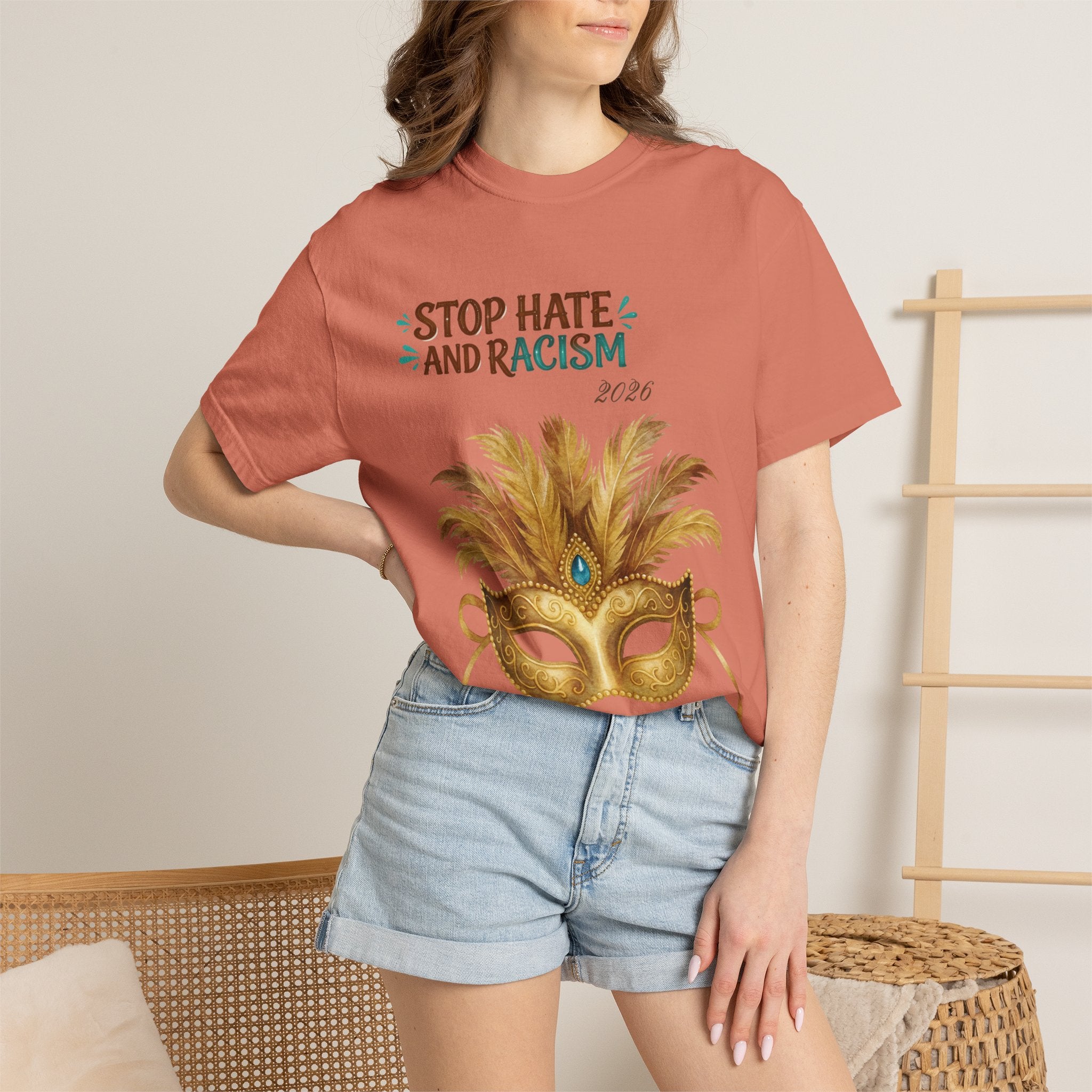 Stop Hate and Racism T-Shirt — Mardi Gras Mask Anti-Racism Tee