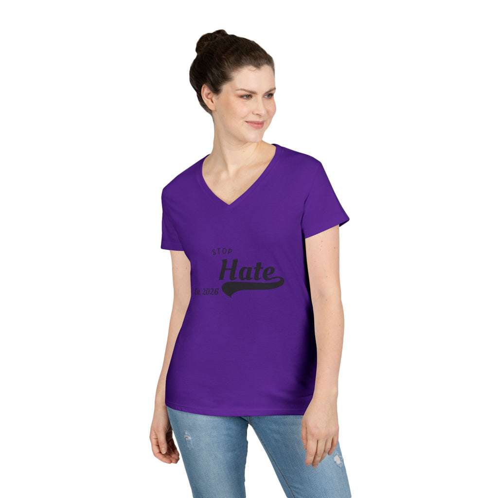Ladies' V-Neck T-Shirt — "Stop Hate Est. 2026" Anti-Hate Message Tee