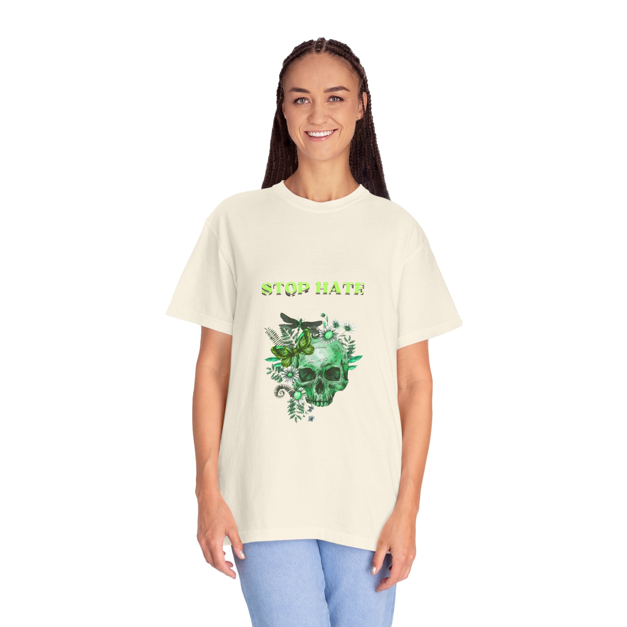 Stop Hate Skull T-Shirt — Green Floral Skull Graphic Tee