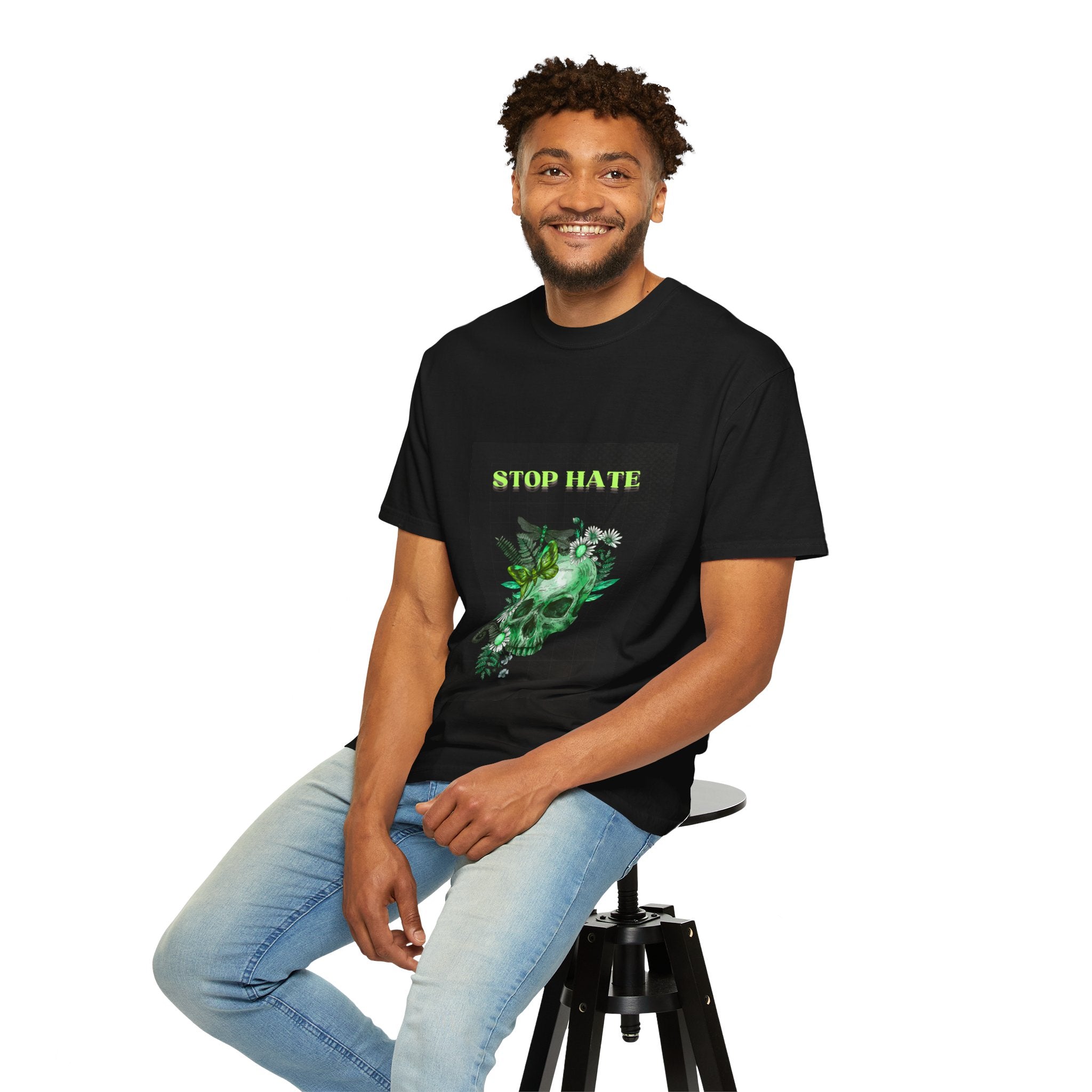 Stop Hate Skull T-Shirt — Green Floral Skull Graphic Tee