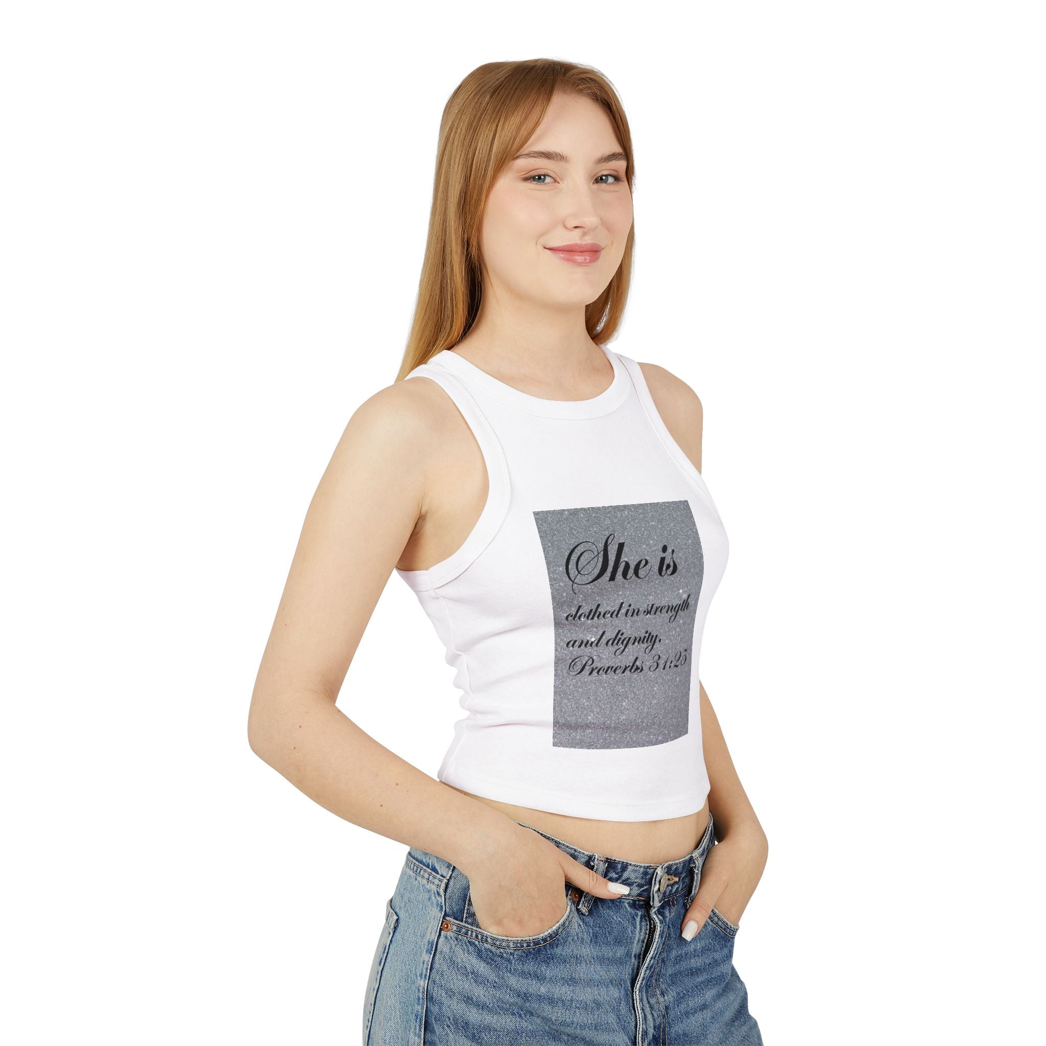 Proverbs 31:25 'She Is Clothed in Strength' Women's Ribbed Racer Tank