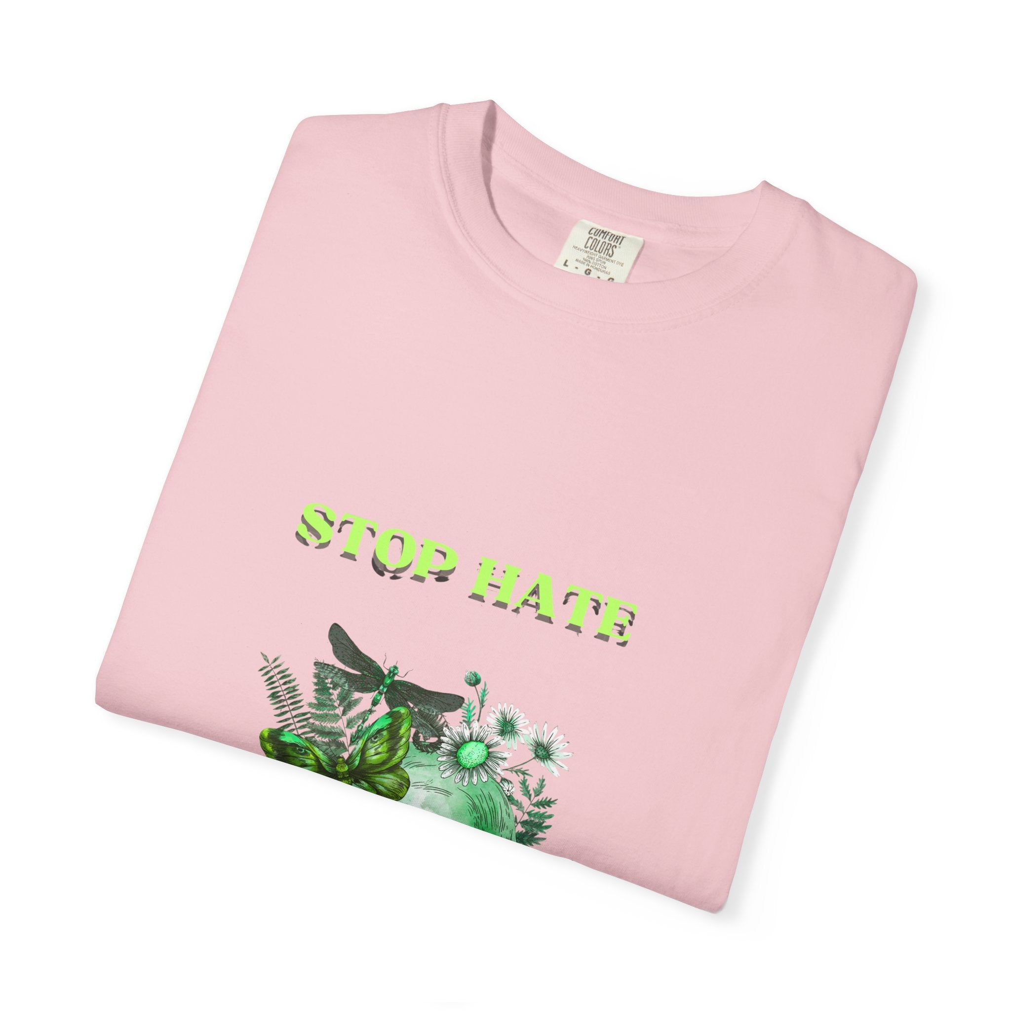 Stop Hate Skull T-Shirt — Green Floral Skull Graphic Tee