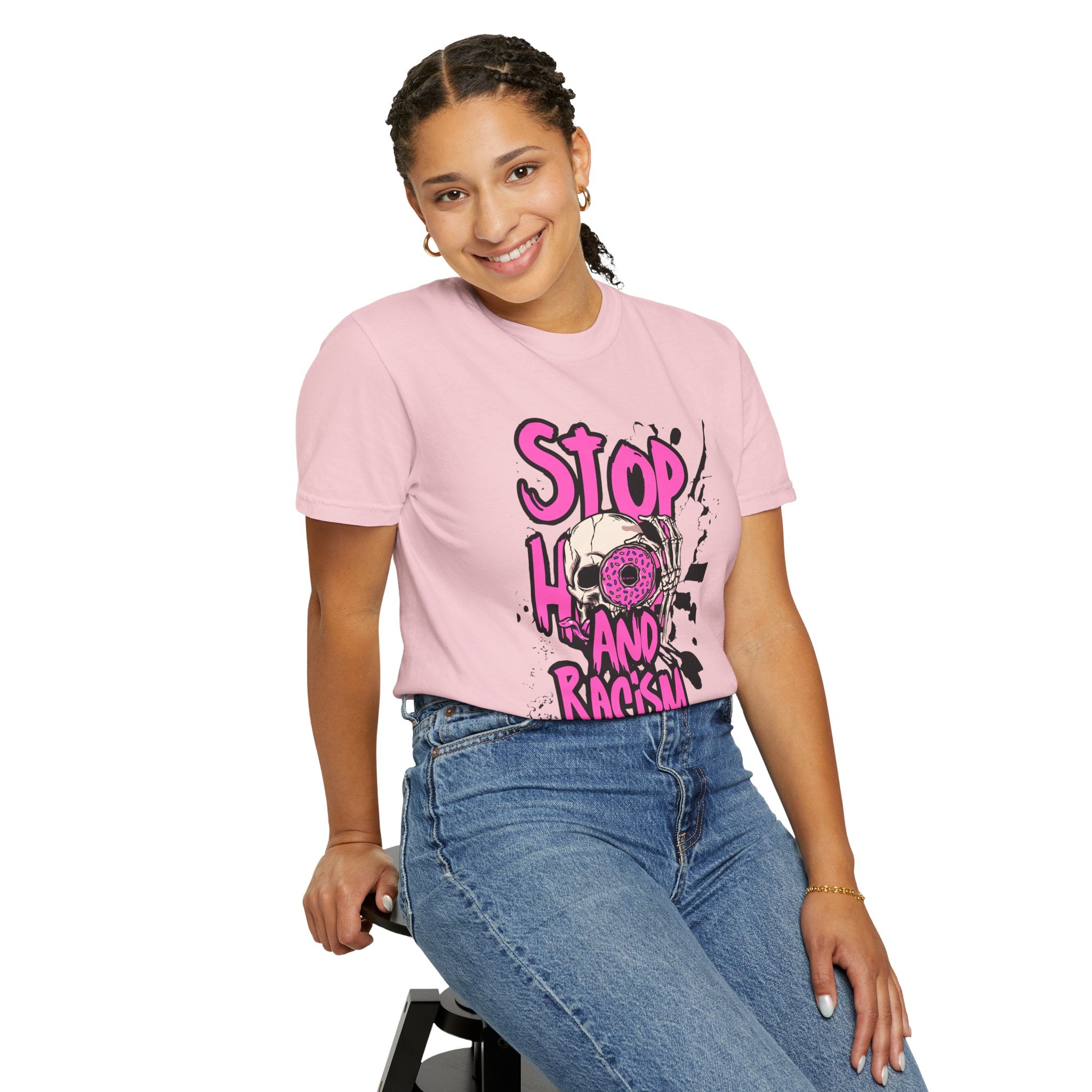 Stop H8 and Racism Graphic Tee — Anti-Racism Skull Donut Protest T-Shirt