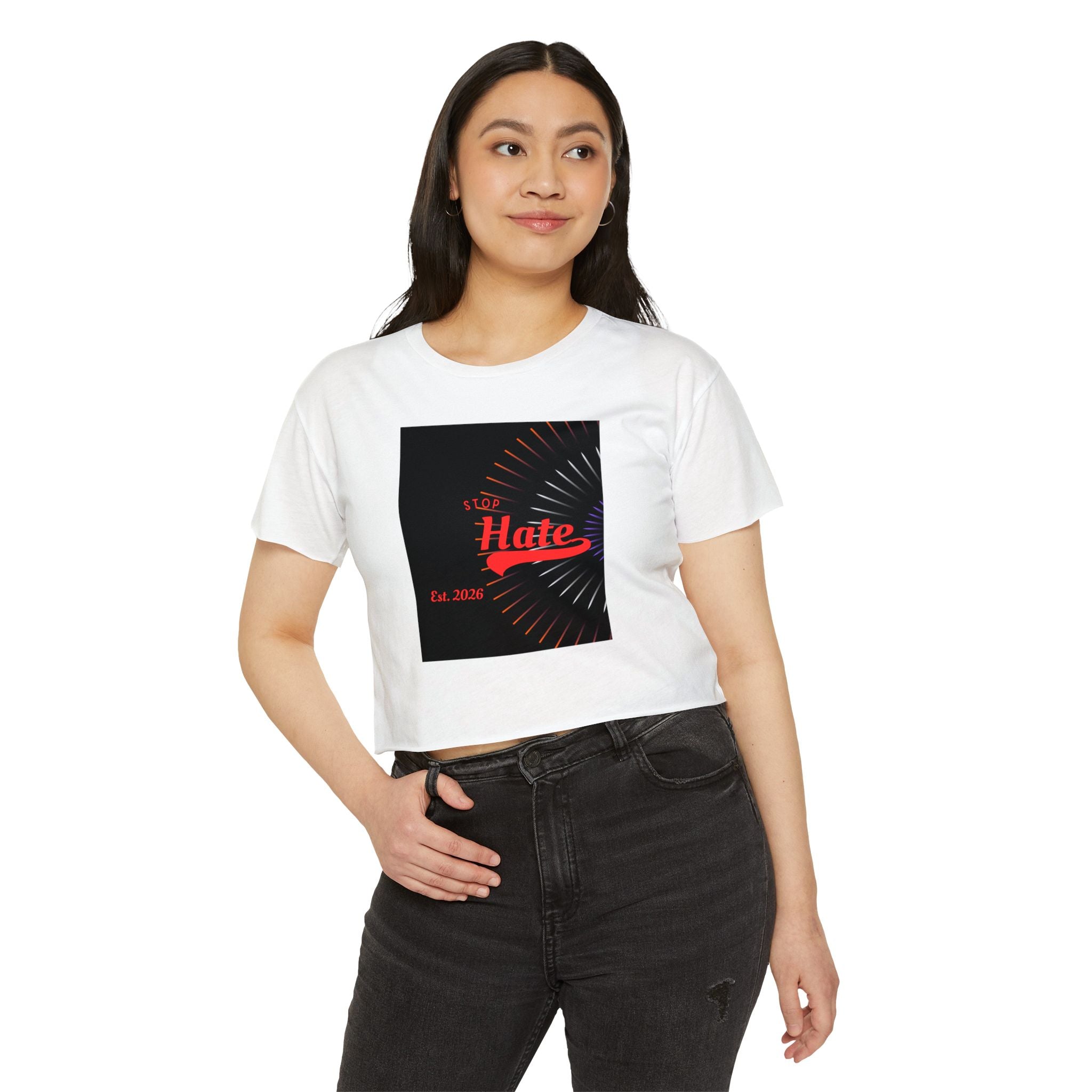 Crop Top — 'Stop Hate' Festival Crop Top, Retro Red Script Graphic