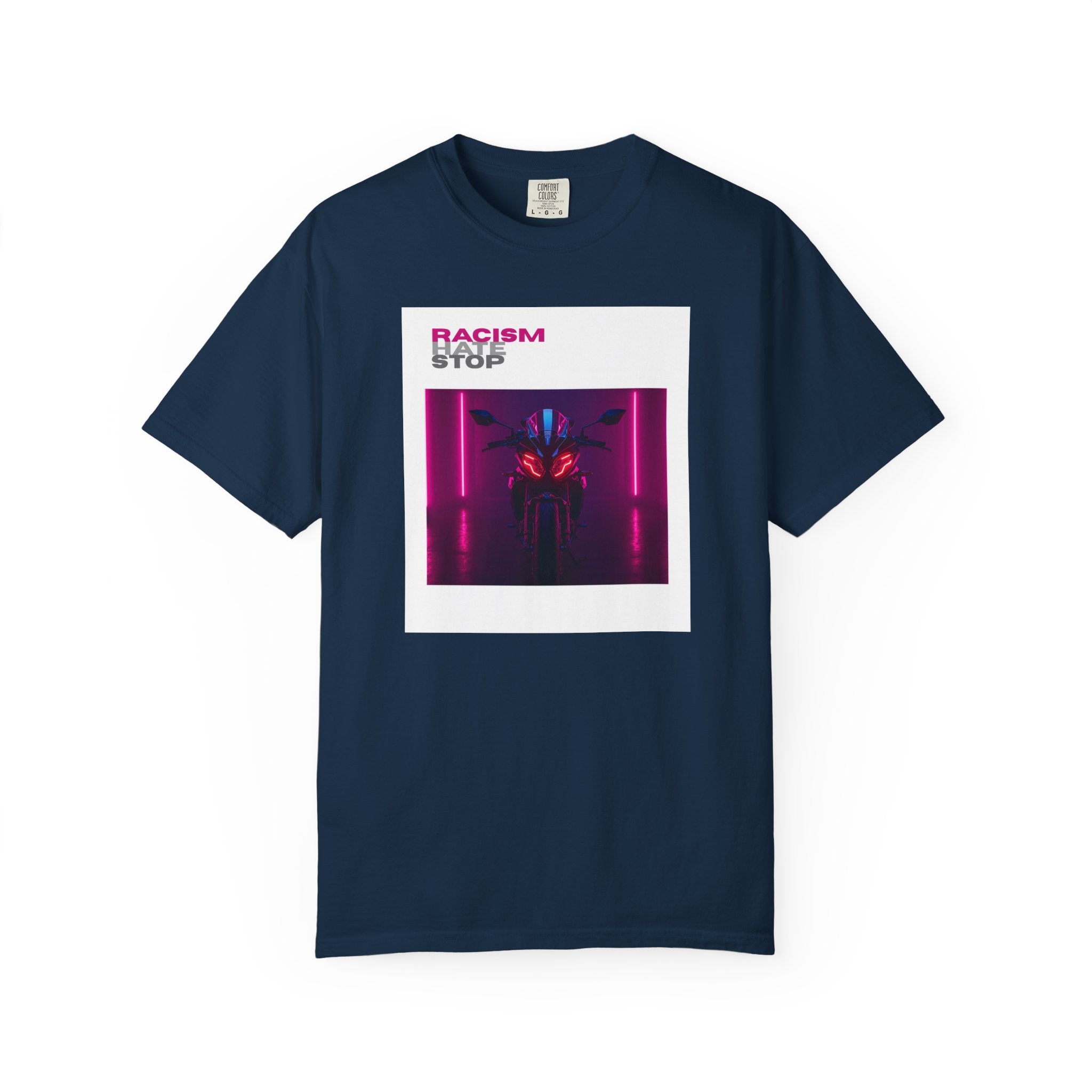Anti-Racism Graphic T-Shirt — “Racism Stop” Neon Robot Design