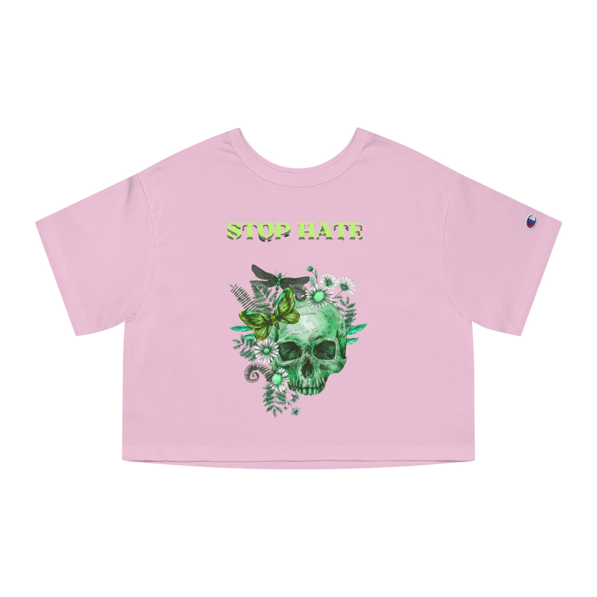 Stop Hate Skull Crop Tee — Women's Green Floral Peace Graphic