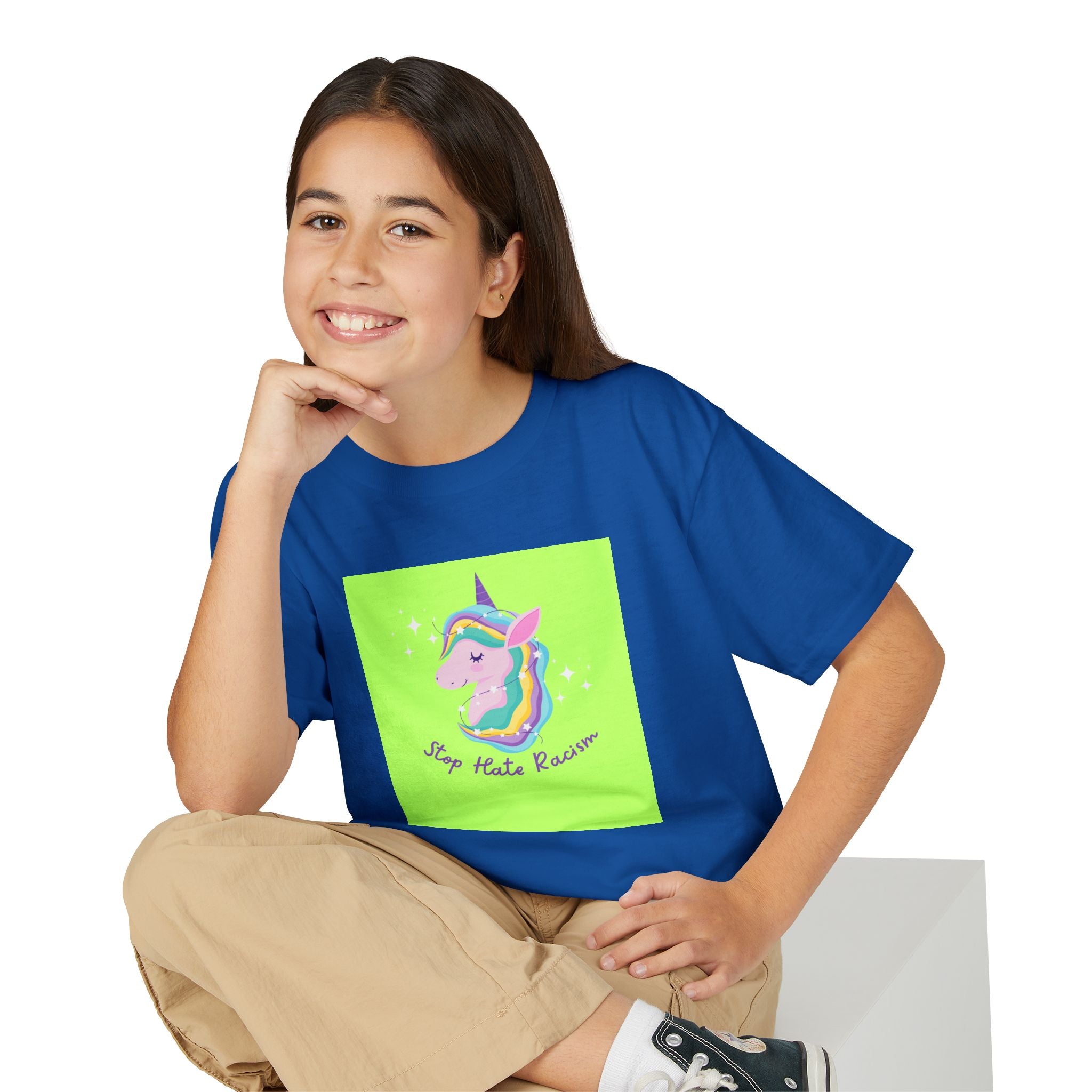 Youth T-Shirt — Rainbow Unicorn “Stop Hate Racism” Graphic