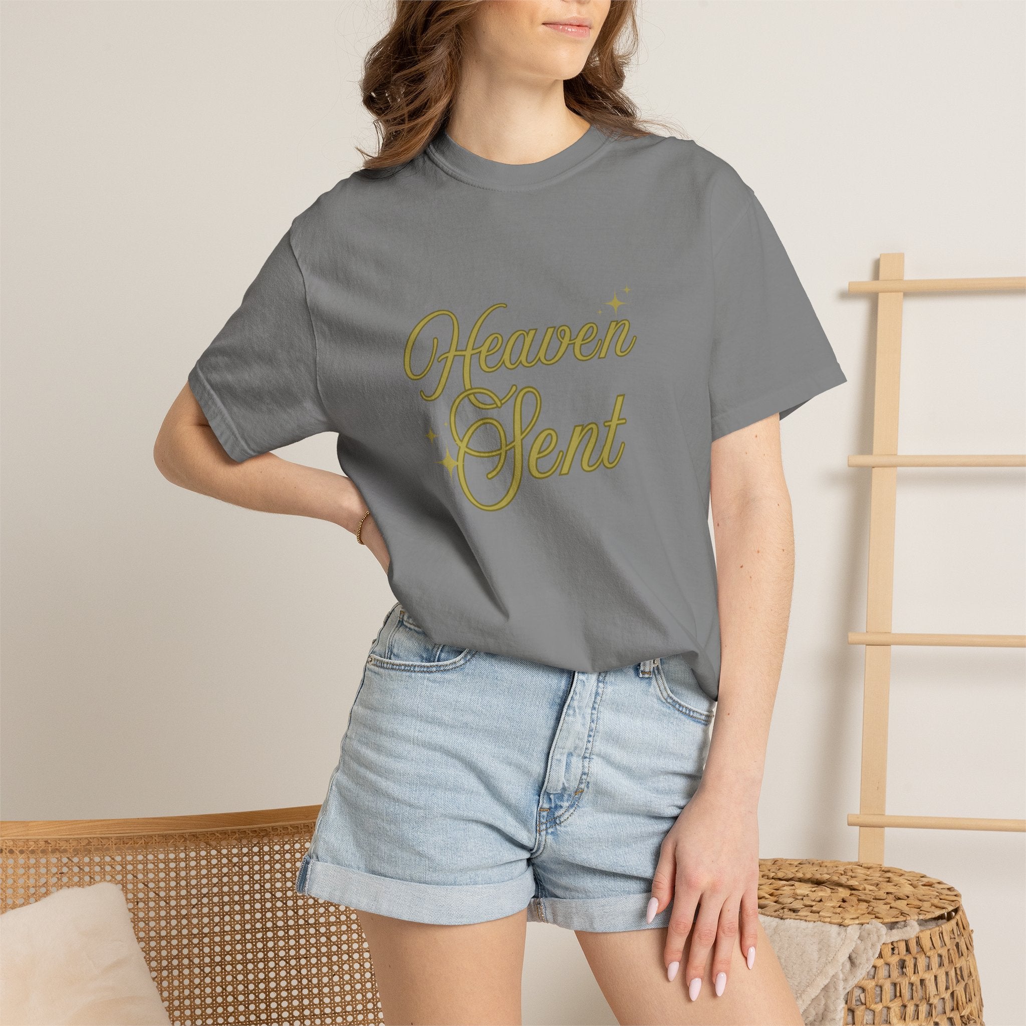 Heaven Sent Graphic Tee – Script Text Logo Cotton T-Shirt
